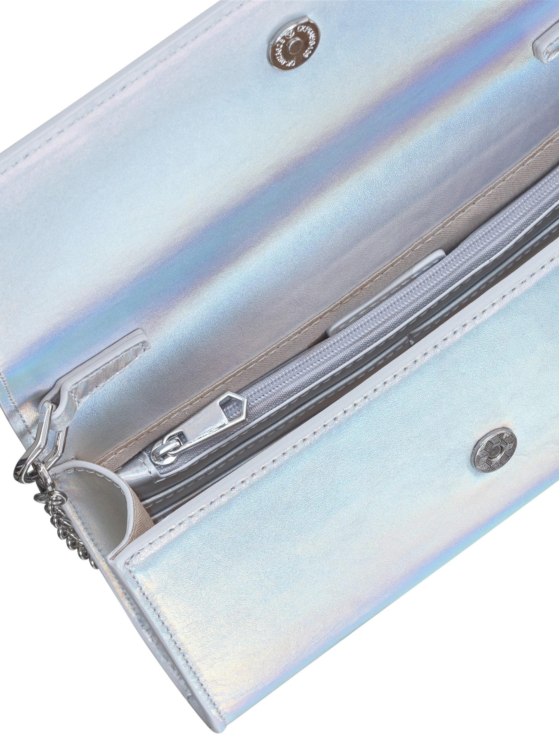 Capollini striped silver clutch bag with metallic striped finish, structured flap design and detachable silver chain strap.