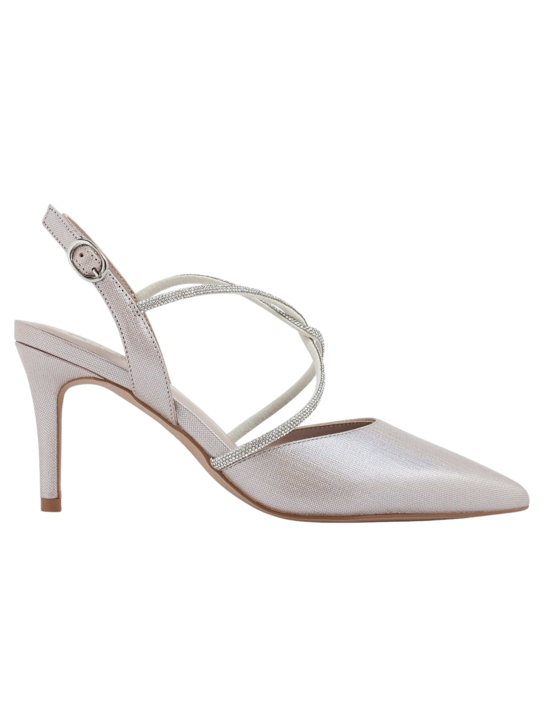 Capollini Charlotte pearlised blush slingback heel with pointed toe and diamanté strap detailing.