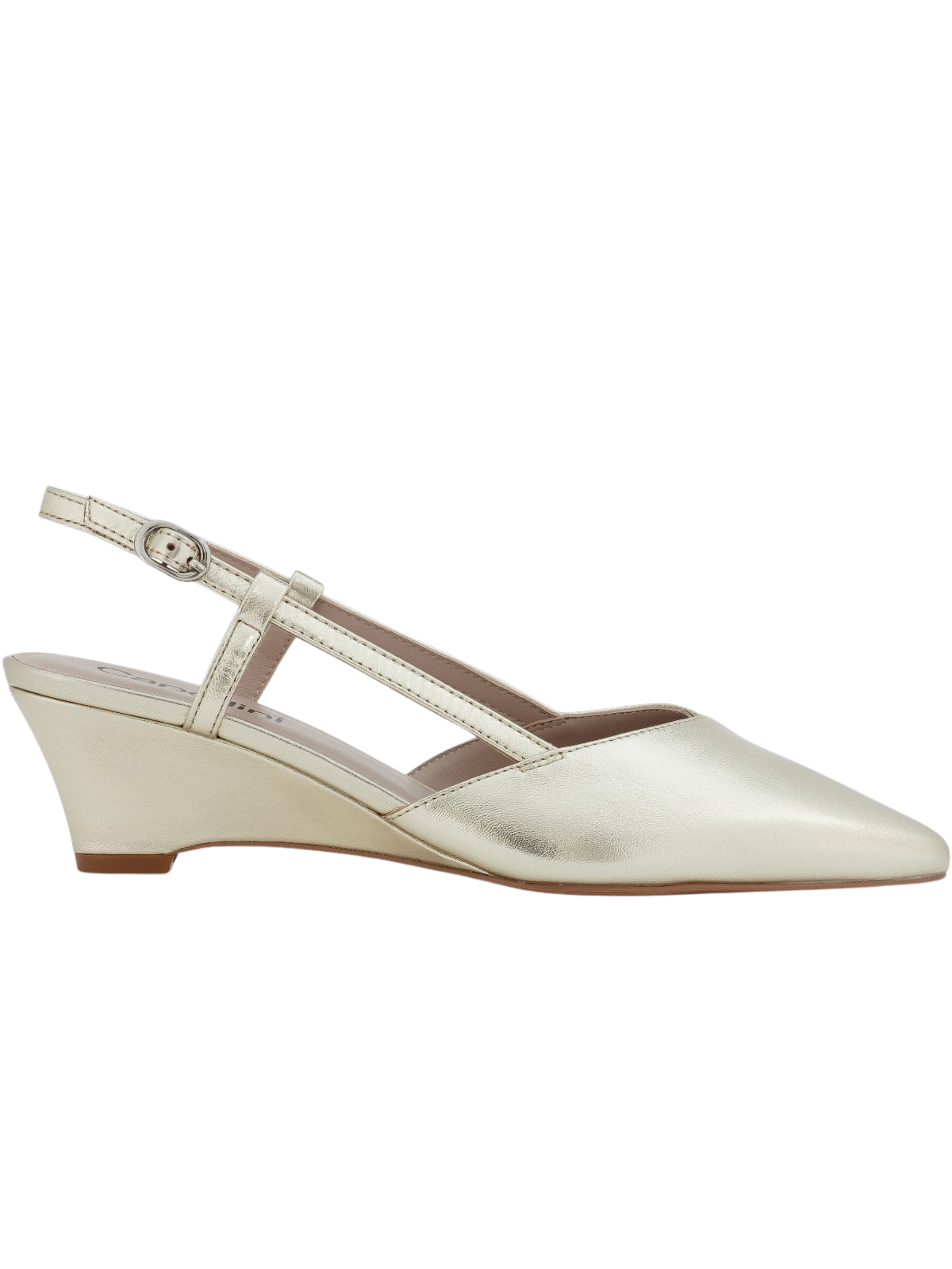 Capollini Lumi gold wedge slingback shoes with metallic finish, pointed toe and supportive wedge heel.