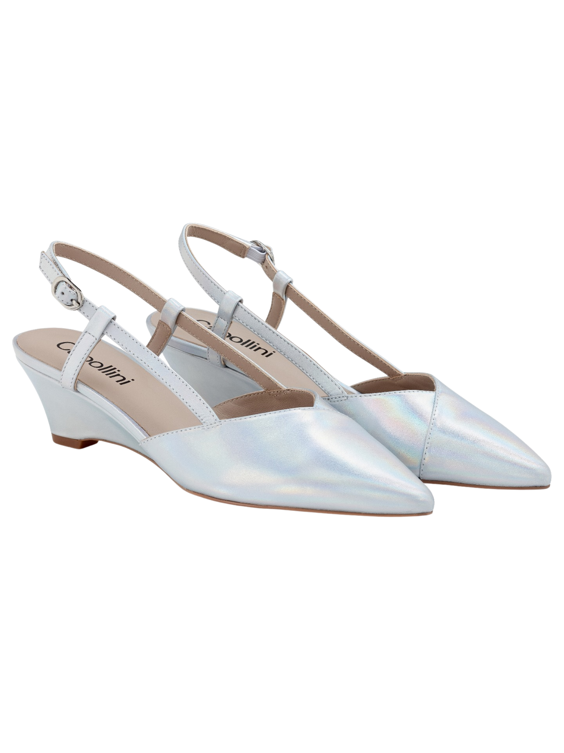 Capollini Lumi silver striped wedge slingback shoes with metallic finish, pointed toe and wedge heel.