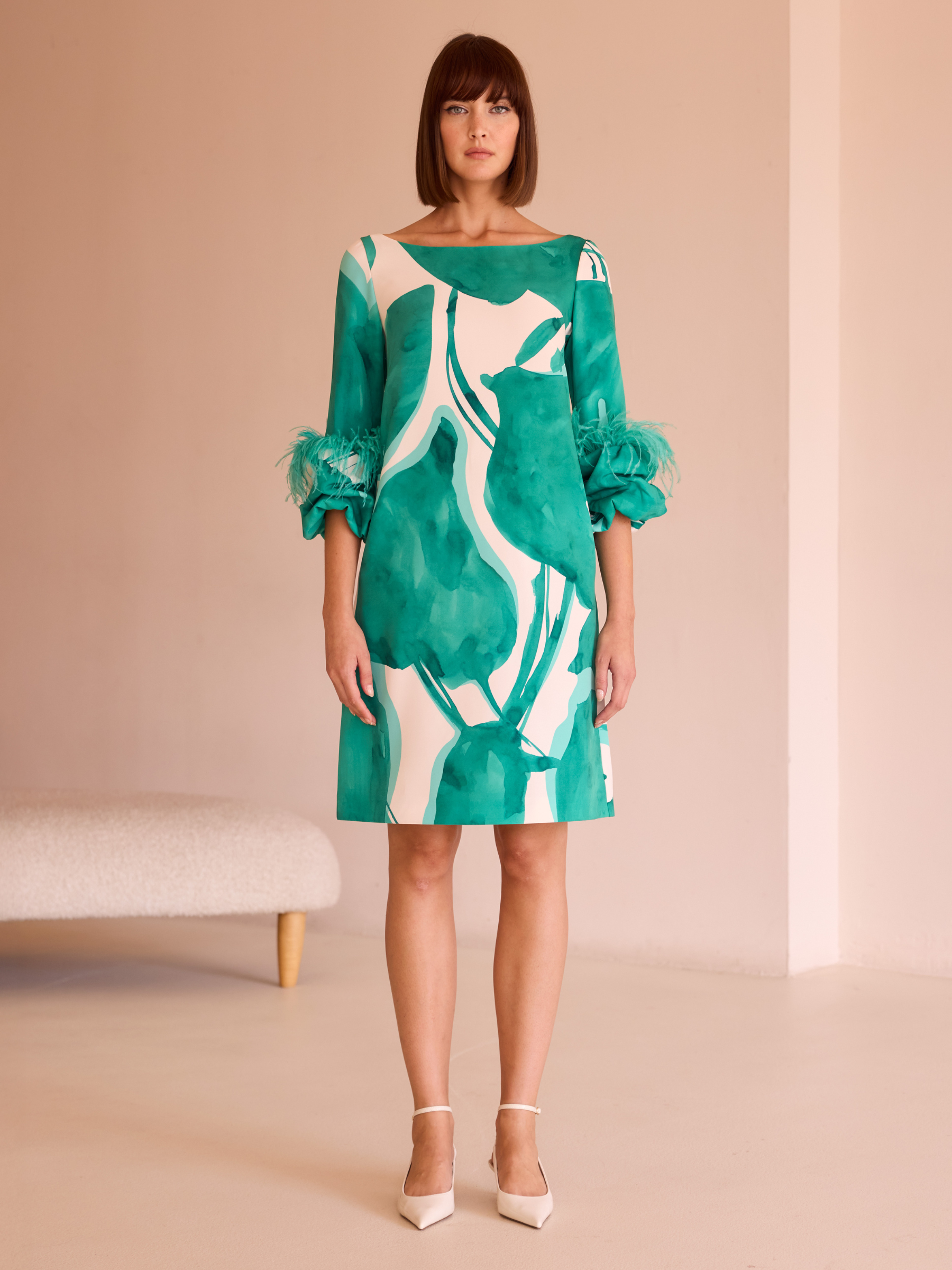 Carla Ruiz 52570 Green Dress with abstract print, boat neckline, A-line mini silhouette and feather-trimmed sleeves.