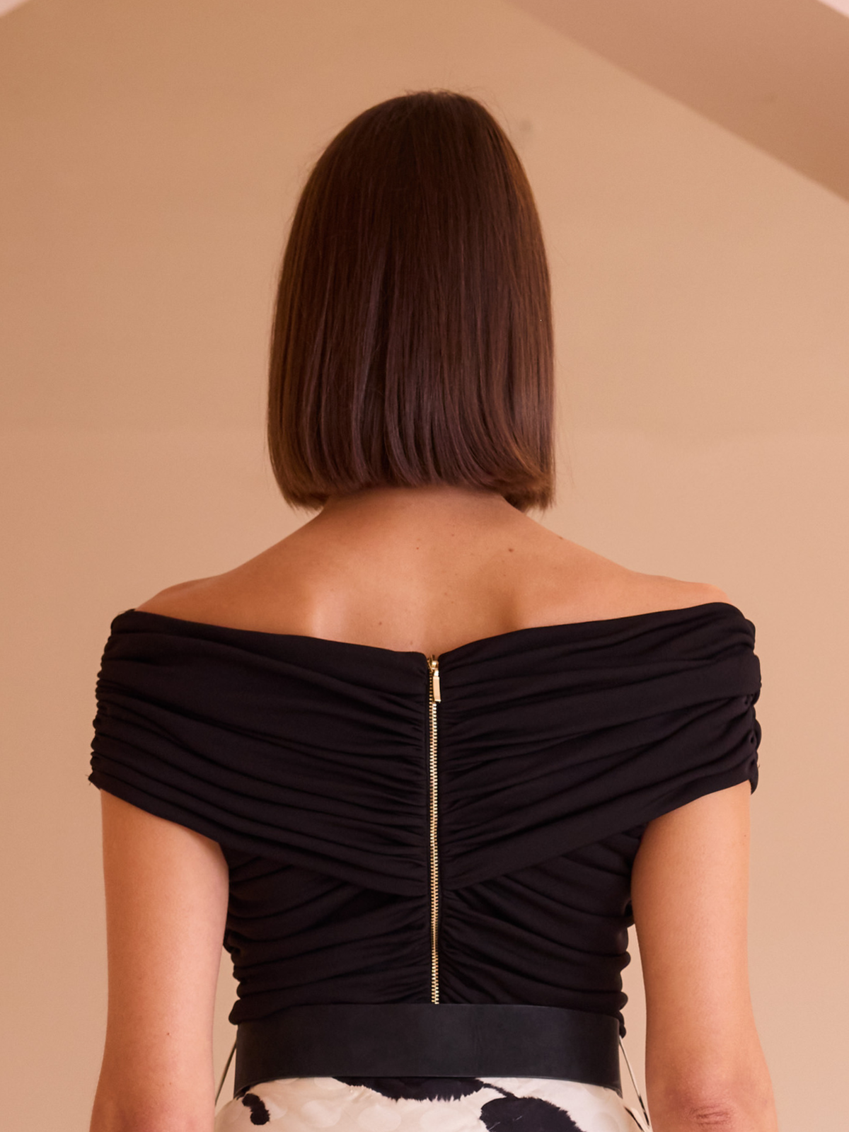 Carla Ruiz 52581 Lime Top with off-the-shoulder neckline, draped crossover detail and fitted silhouette.