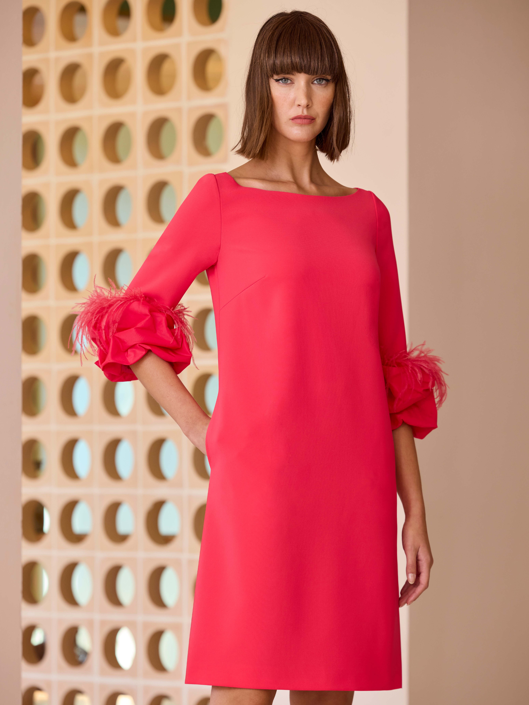 Carla Ruiz 52603 fuchsia A-line dress with bateau neckline and feather trim sleeves.