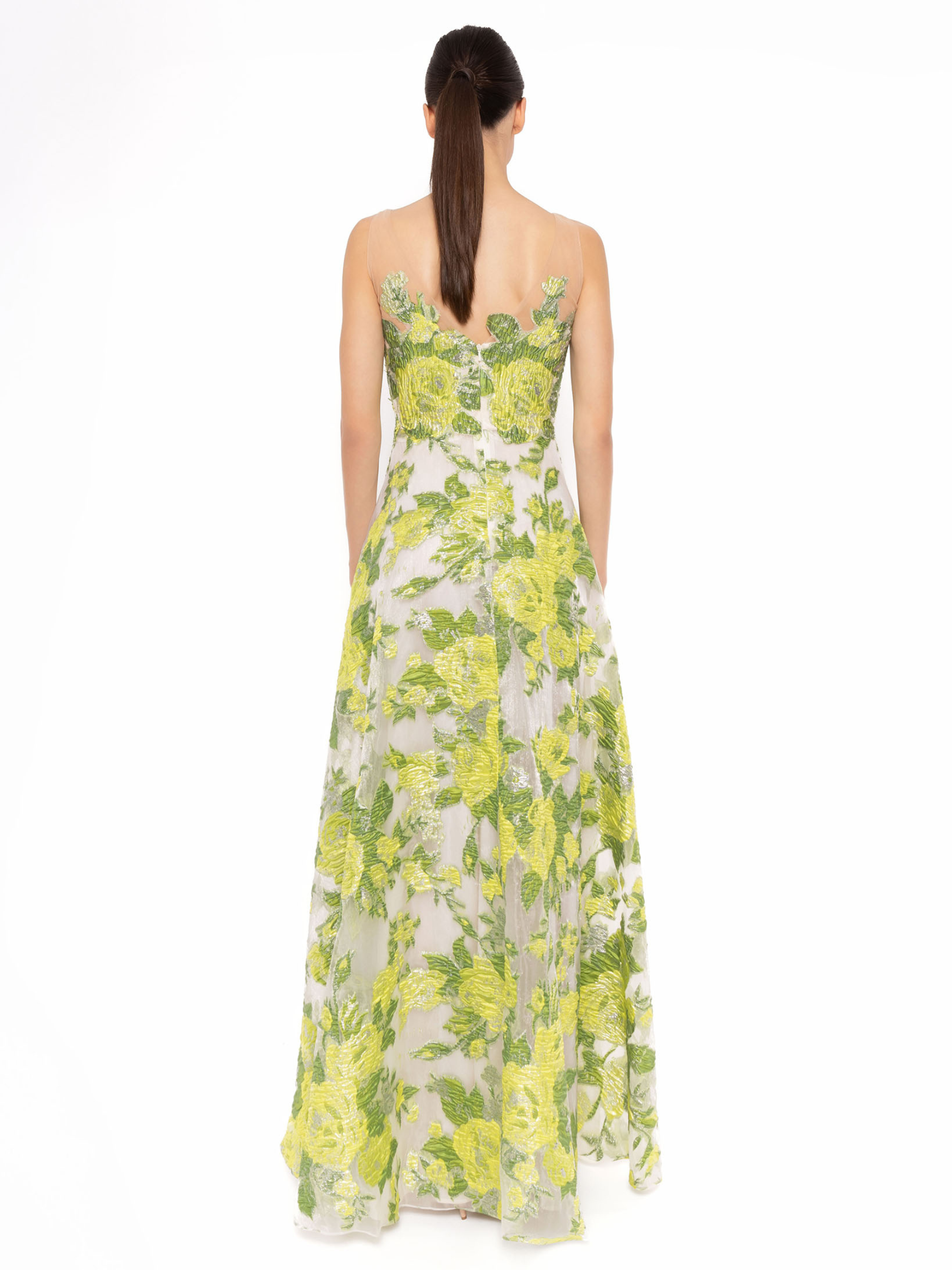 Carla Ruiz 52714 lime A-line dress with fitted bodice, sheer straps and floral embroidered overlay.