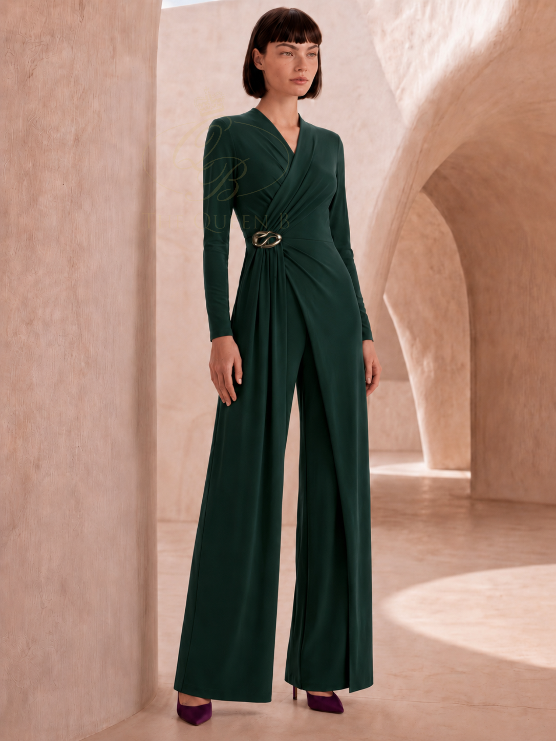 Carla Ruiz 53000 Green Jumpsuit wrap-style occasion jumpsuit with long sleeves, side detail and wide leg trousers