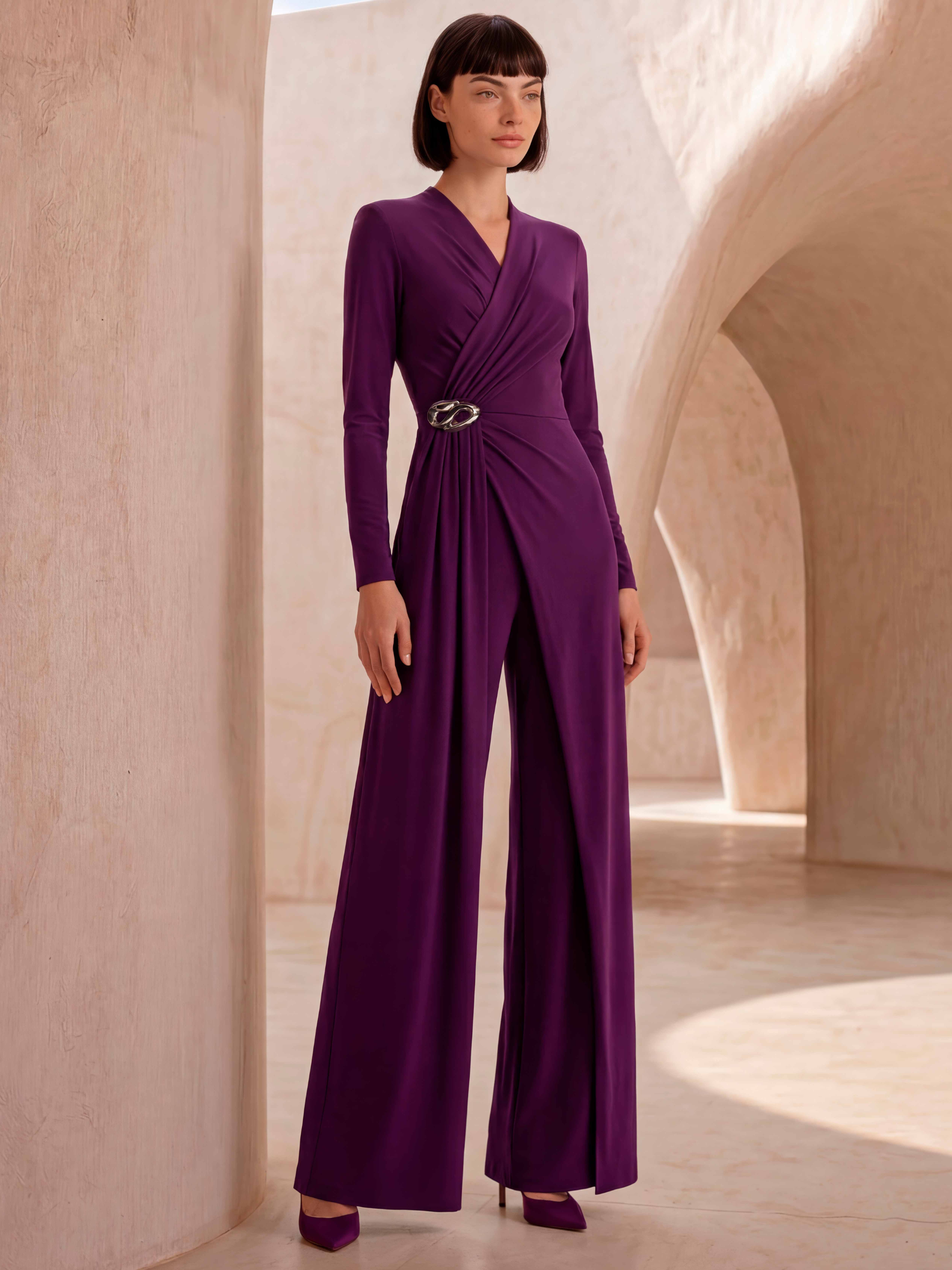 Carla Ruiz 53000 Purple Jumpsuit wrap-style occasion jumpsuit with long sleeves, side detail and wide leg trousers