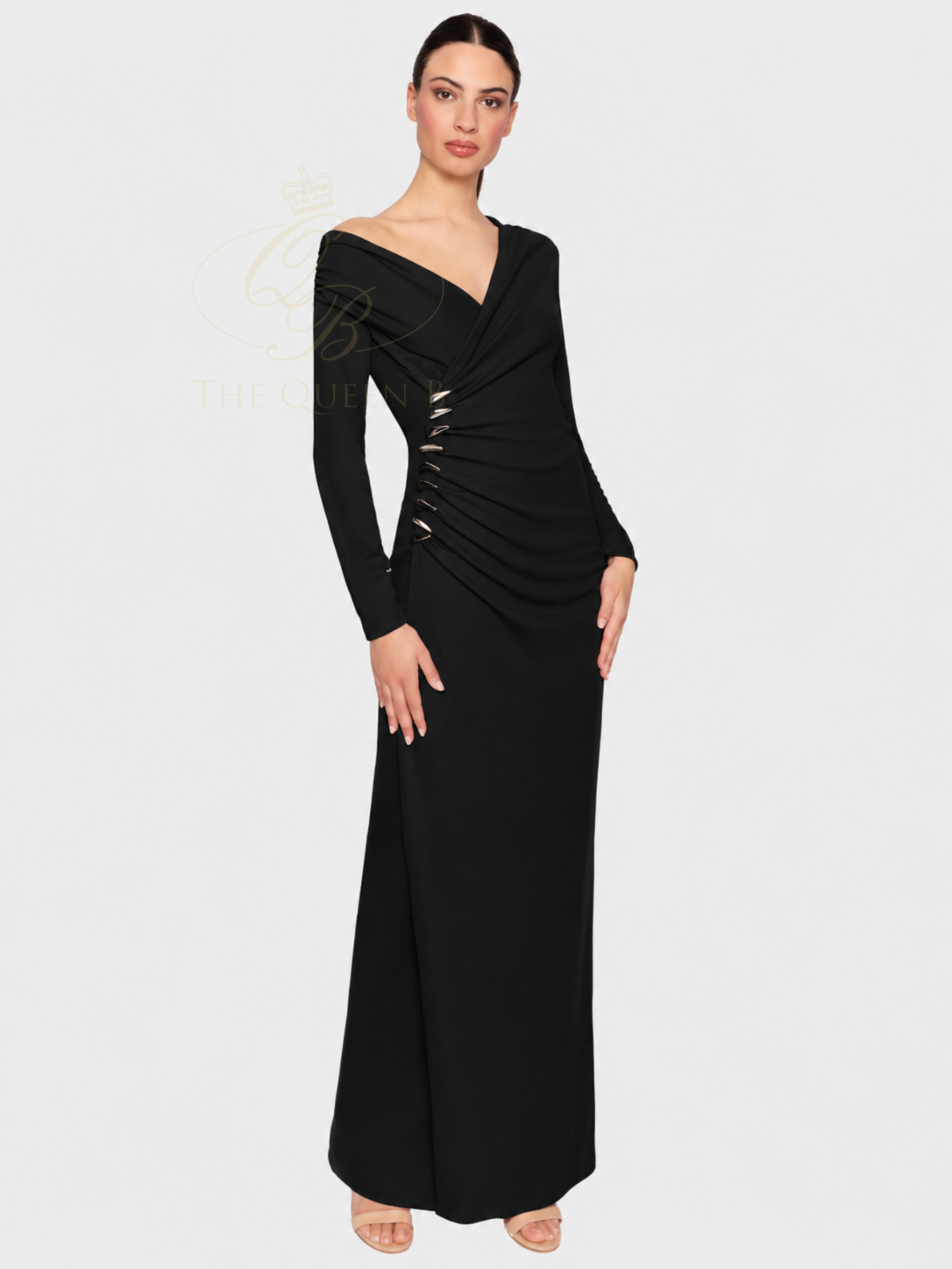 Carla Ruiz 53002 Black Crossed Long Dress full-length occasion dress with crossover neckline, long sleeves, ruched waist detail and side embellishments