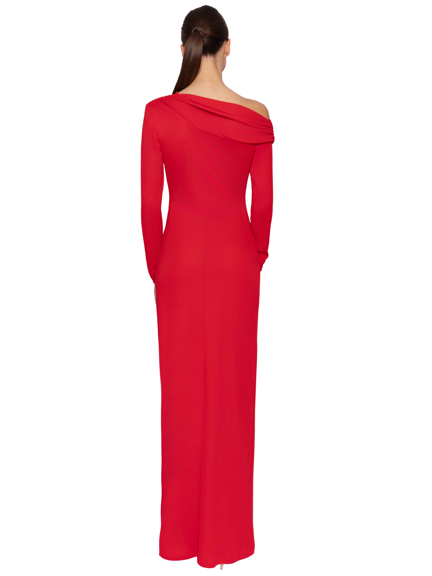 Carla Ruiz 53002 Red Crossed Long Dress full-length occasion dress with crossover neckline, long sleeves, ruched waist detail and side embellishments