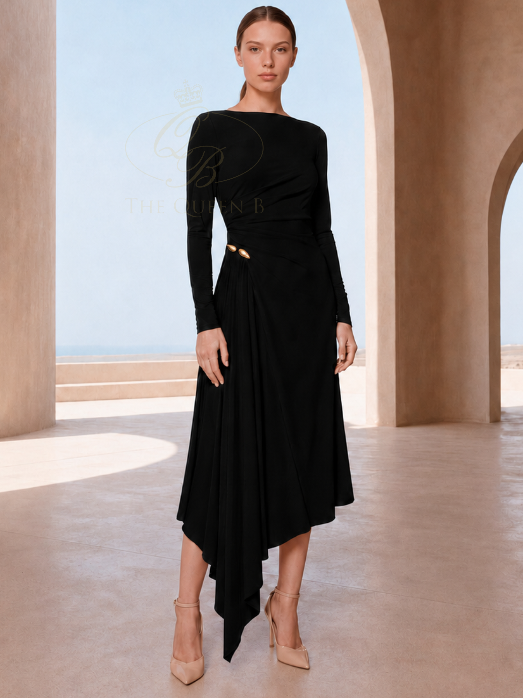 Carla Ruiz 53005 Black Midi Dress with bateau neckline, long sleeves, ruched waist and asymmetric draped skirt