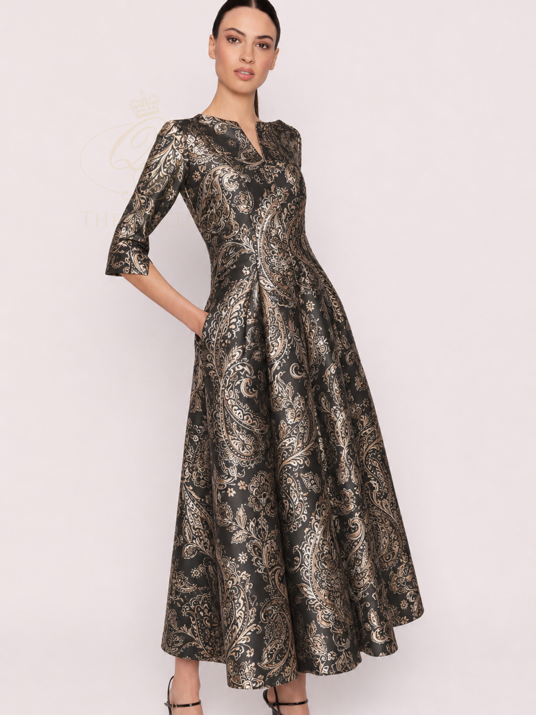 Carla Ruiz 53016 Black Flounced Dress with V-neckline, three-quarter sleeves, paisley print and full midi skirt