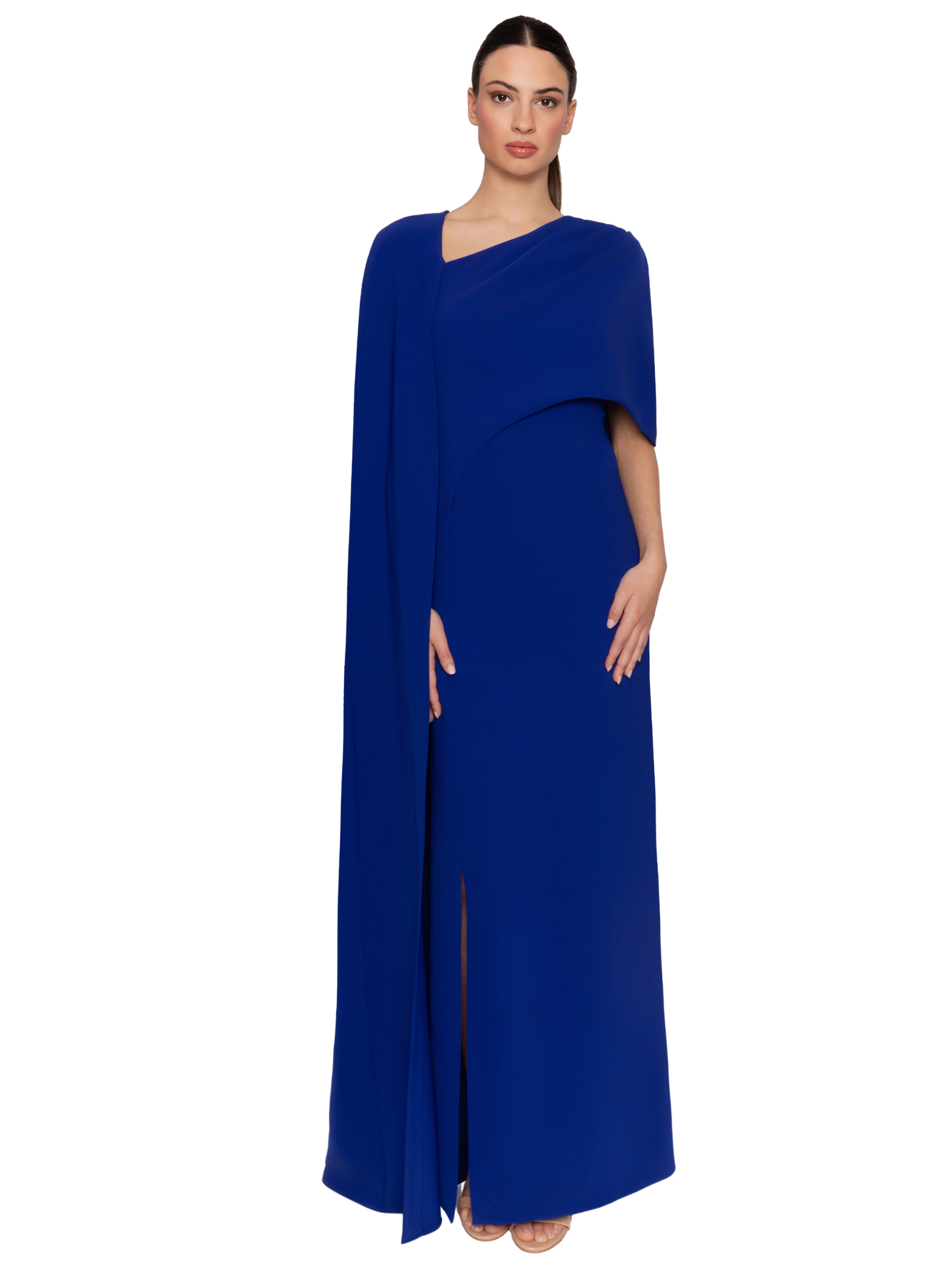 Carla Ruiz 53042 Blue full-length dress with asymmetric neckline, cape overlay and front split