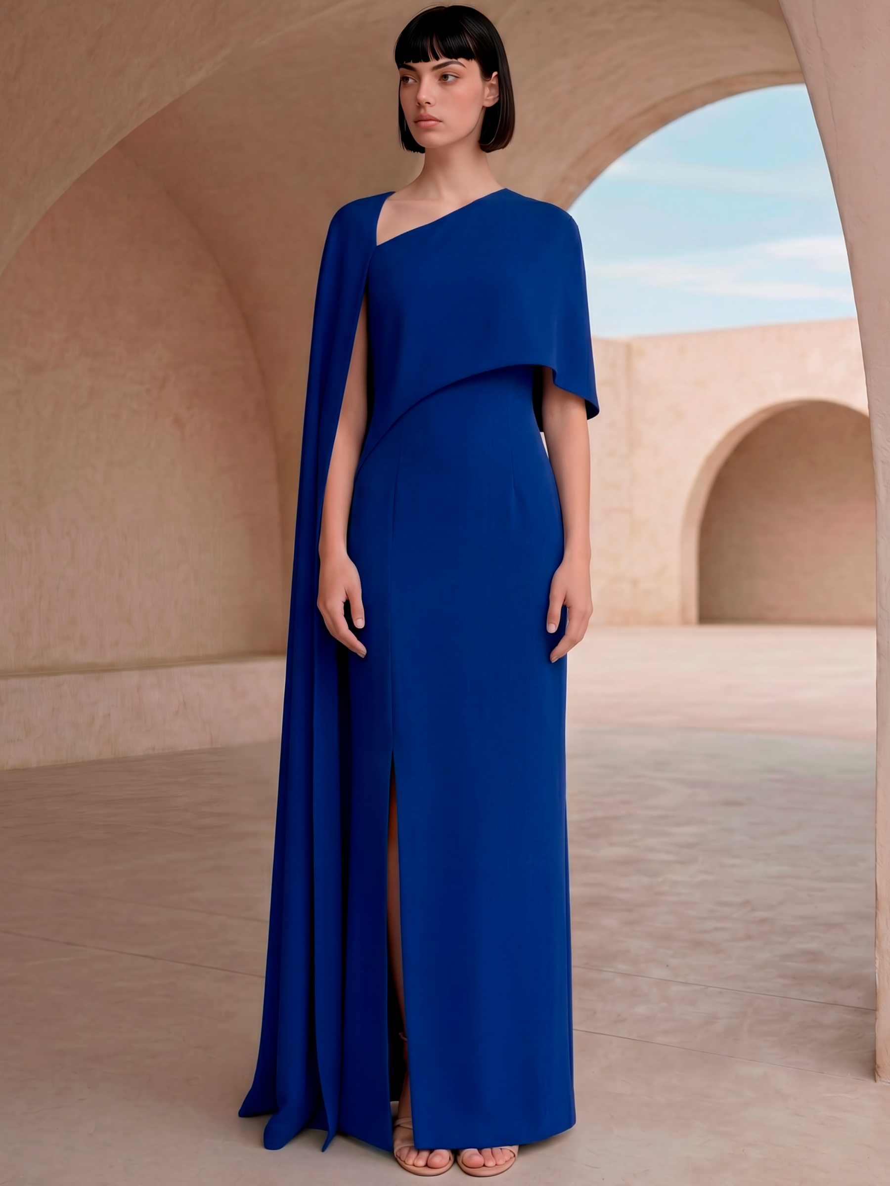 Carla Ruiz 53042 Blue full-length dress with asymmetric neckline, cape overlay and front split