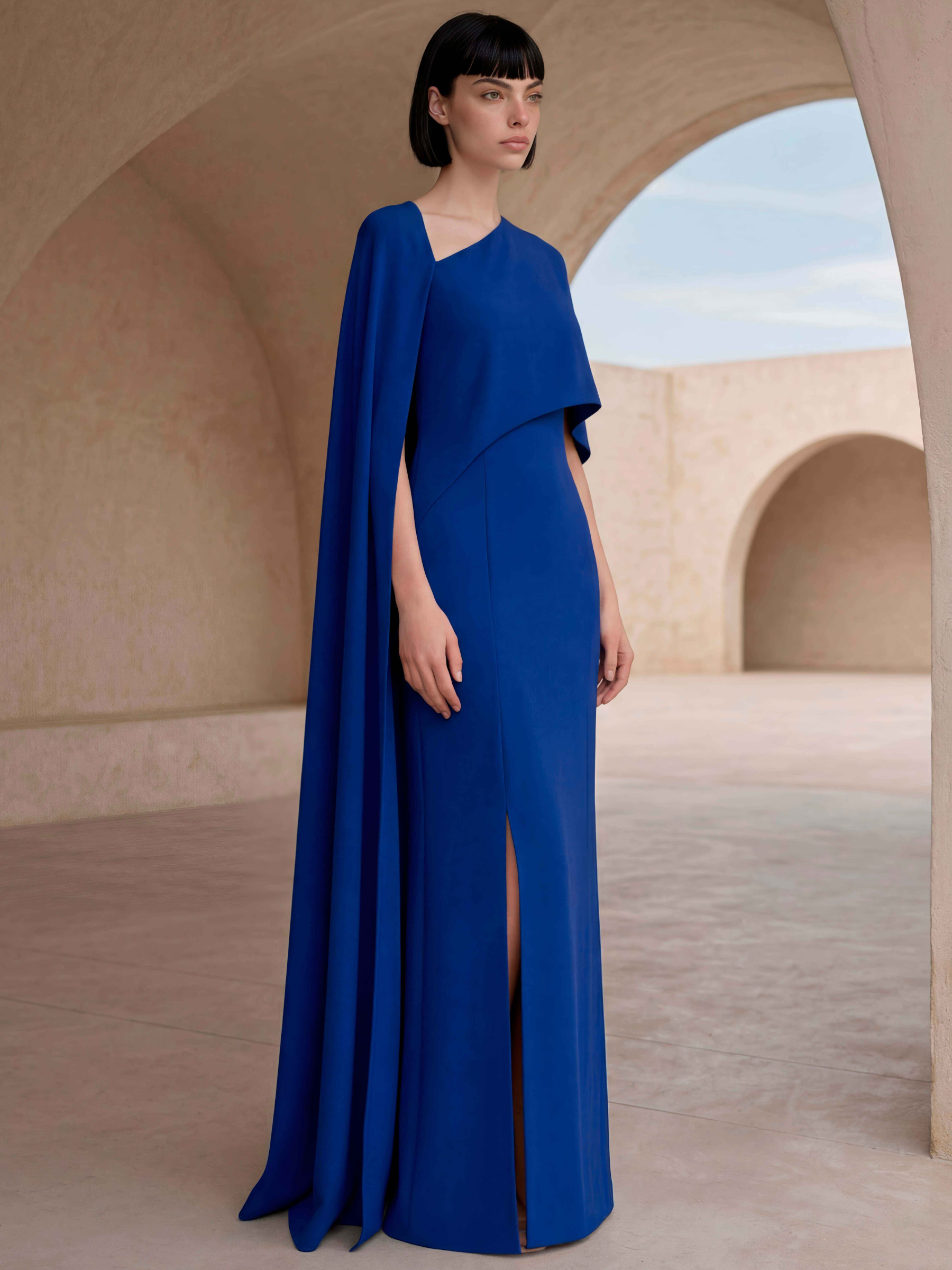 Carla Ruiz 53042 Blue full-length dress with asymmetric neckline, cape overlay and front split