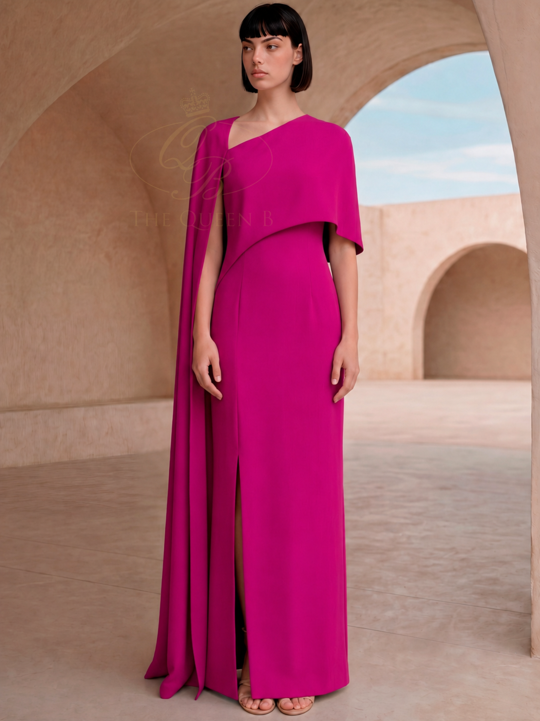 Carla Ruiz 53042 Fuchsia full-length dress with asymmetric neckline, cape overlay and front split
