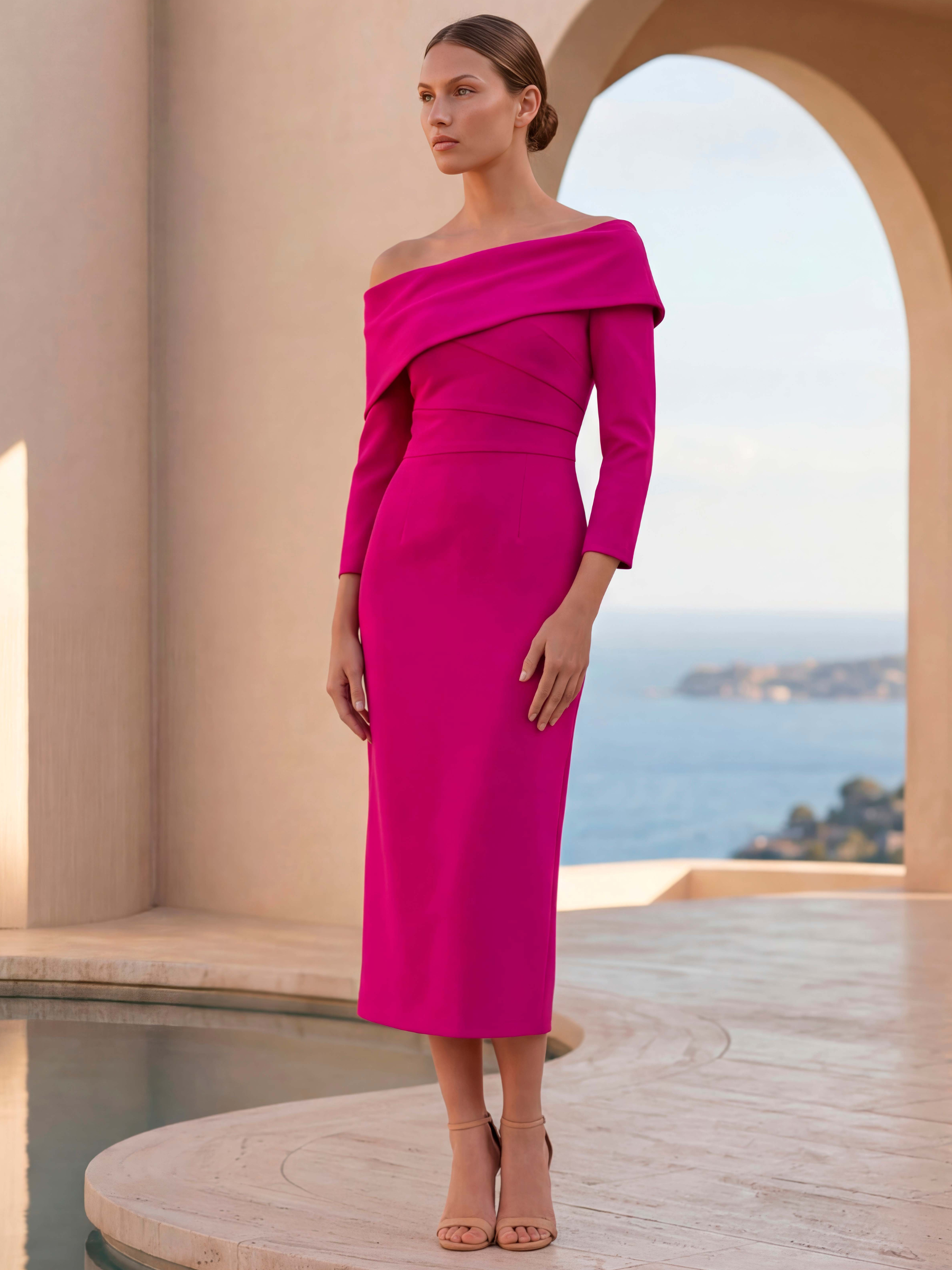 Carla Ruiz 53047 Fuchsia Crossed Dress fitted occasion dress with off-the-shoulder neckline and 3/4 sleeves