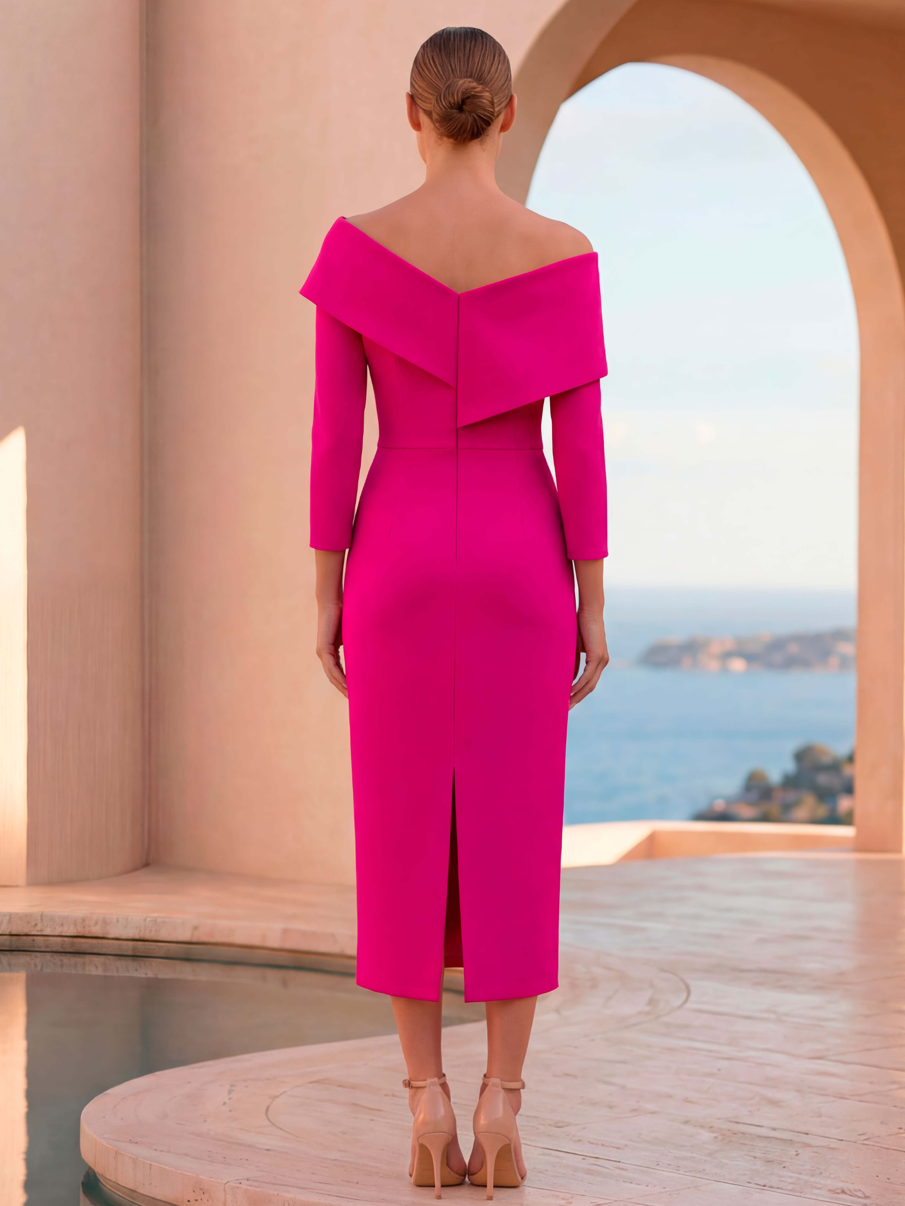 Carla Ruiz 53047 Fuchsia Crossed Dress fitted occasion dress with off-the-shoulder neckline and 3/4 sleeves