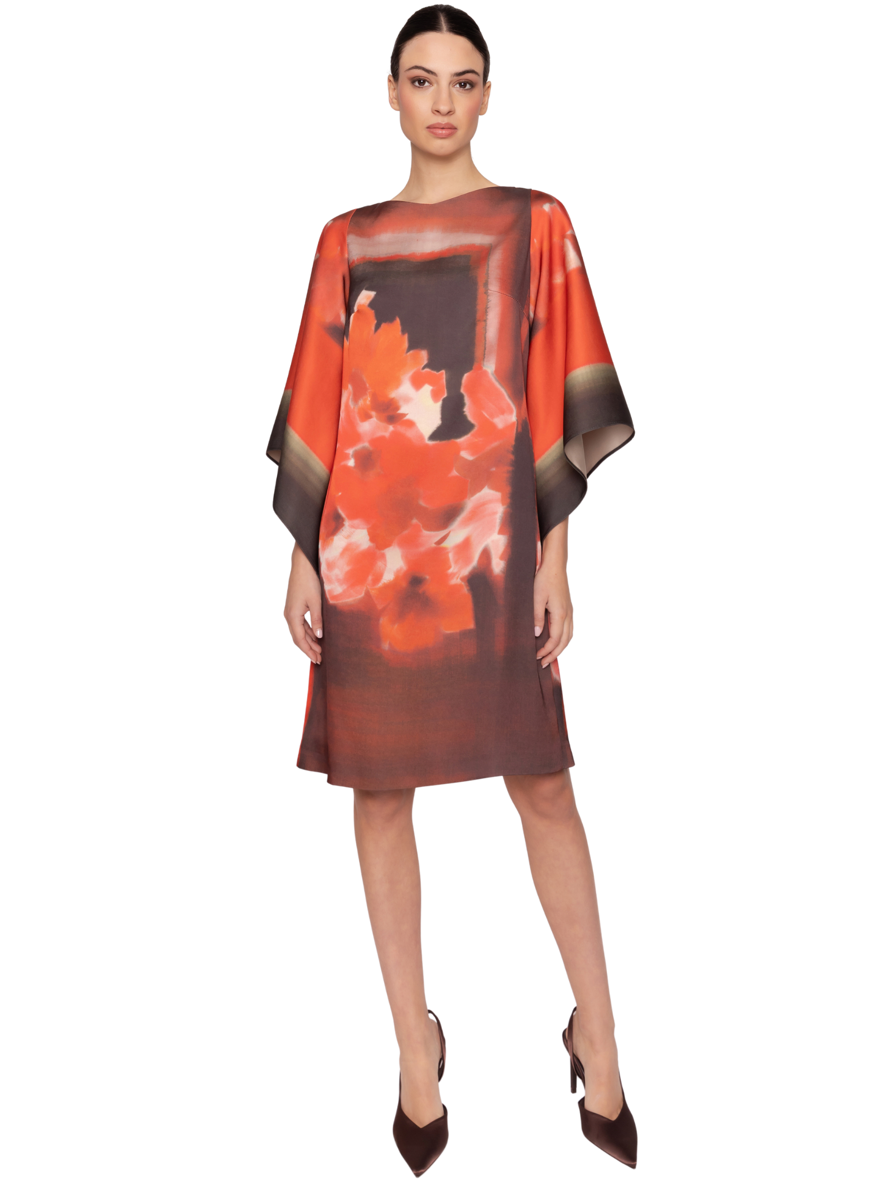 Carla Ruiz 53146 Red Dress relaxed shift dress with floral placement print and wide kimono sleeves