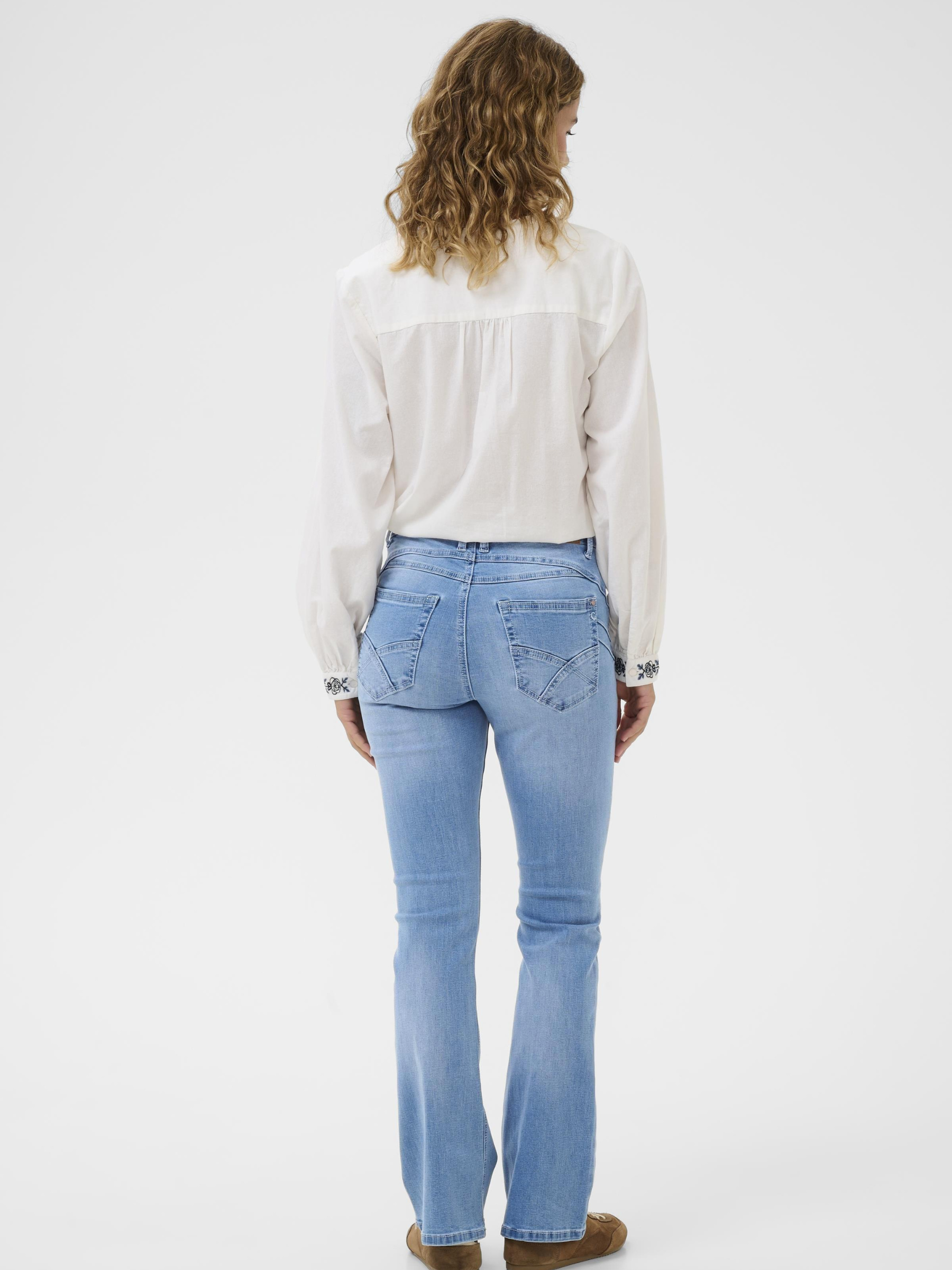Cream Amalie women’s bootcut jeans with high waist, fitted leg and full-length stretch denim construction.