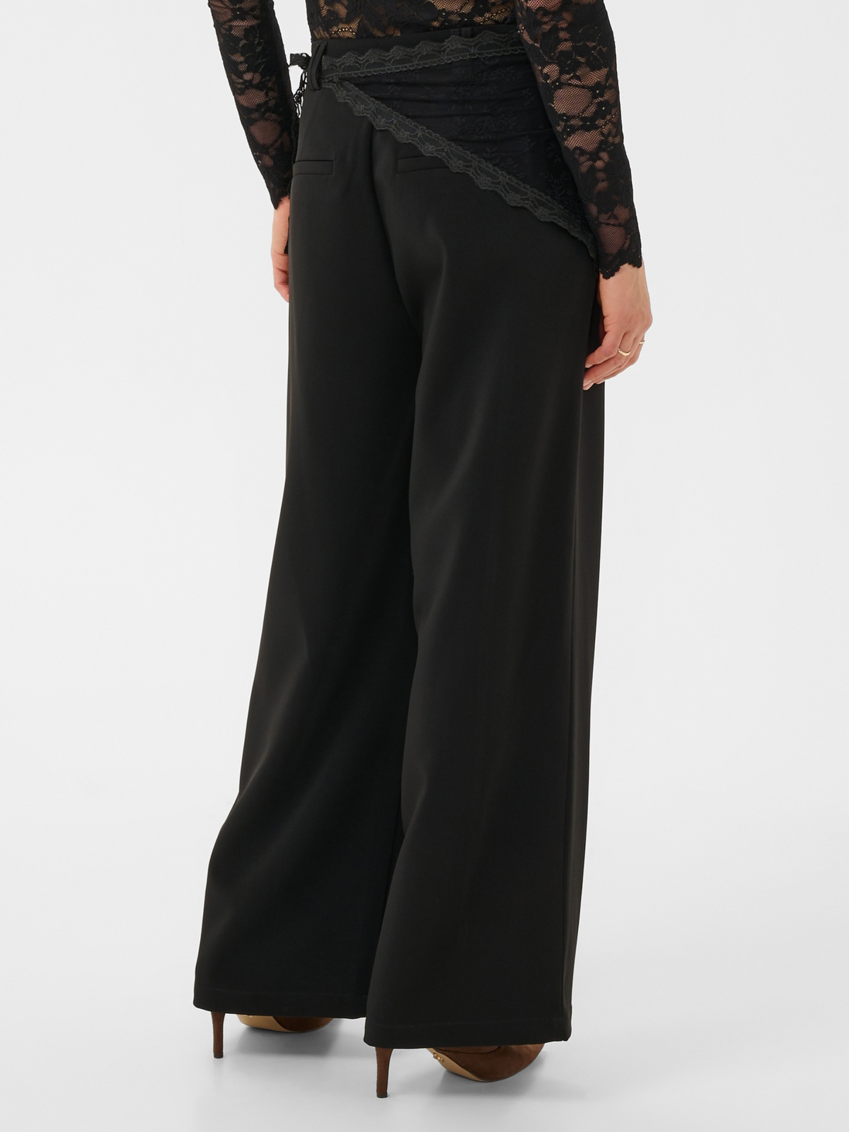 Cream Bine Lace Belt Pant with straight fit, regular waist, full-length leg and lace belt detail