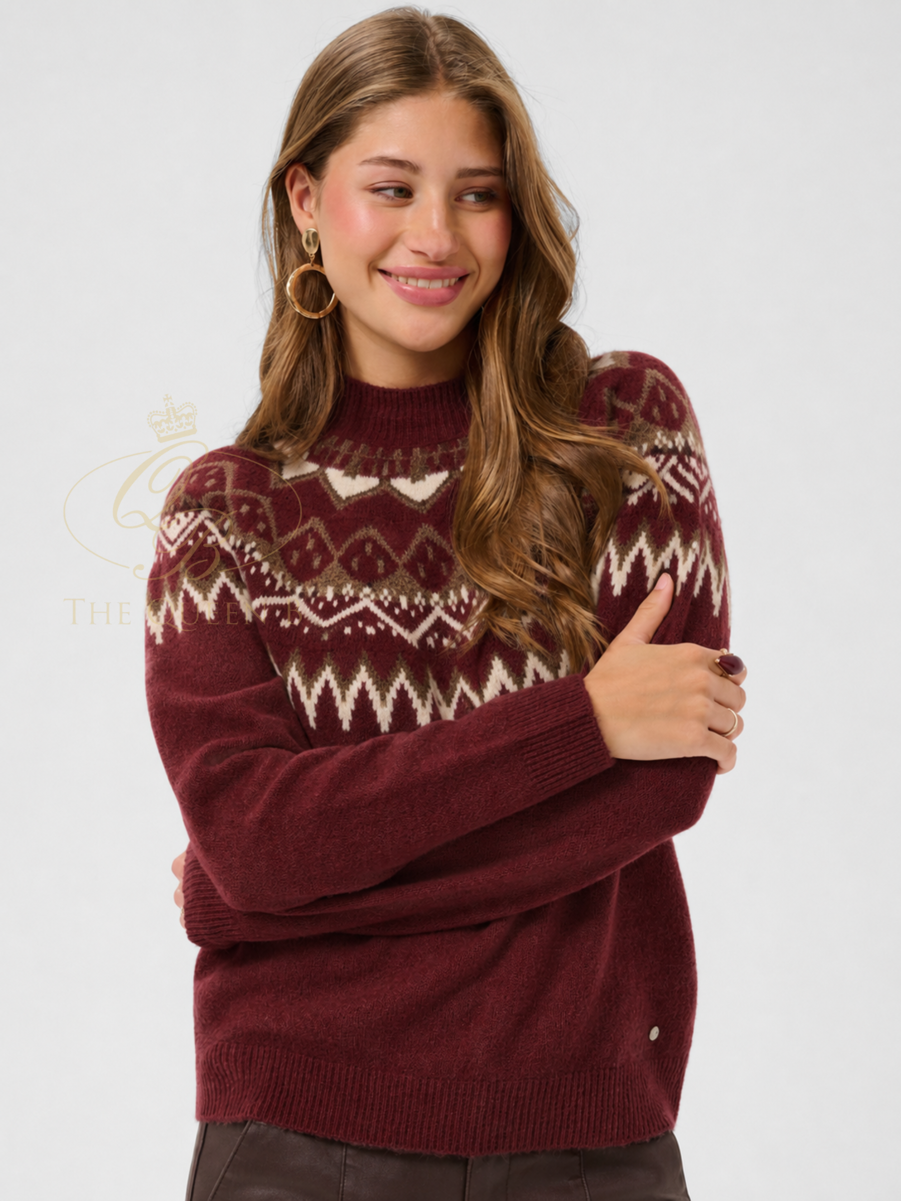 Cream Cherrie Pullover with round neckline, long sleeves, patterned yoke detail and relaxed hip-length fit