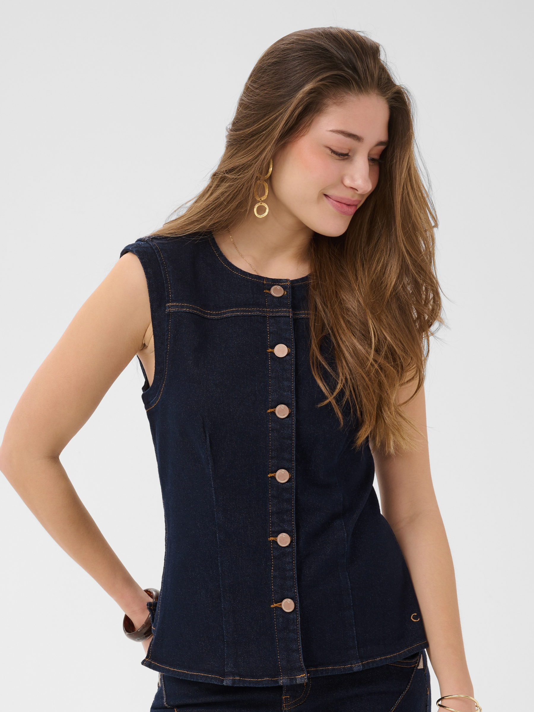 Cream Damy Denim Waistcoat fitted sleeveless denim waistcoat with button front.