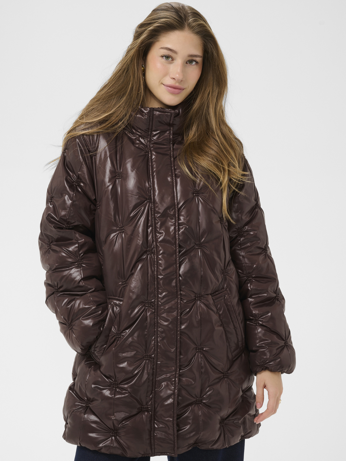 Cream Drakie Midi Jacket quilted padded mid thigh coat with hood
