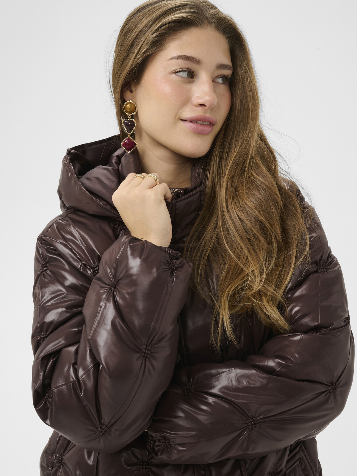 Cream Drakie Midi Jacket quilted padded mid thigh coat with hood