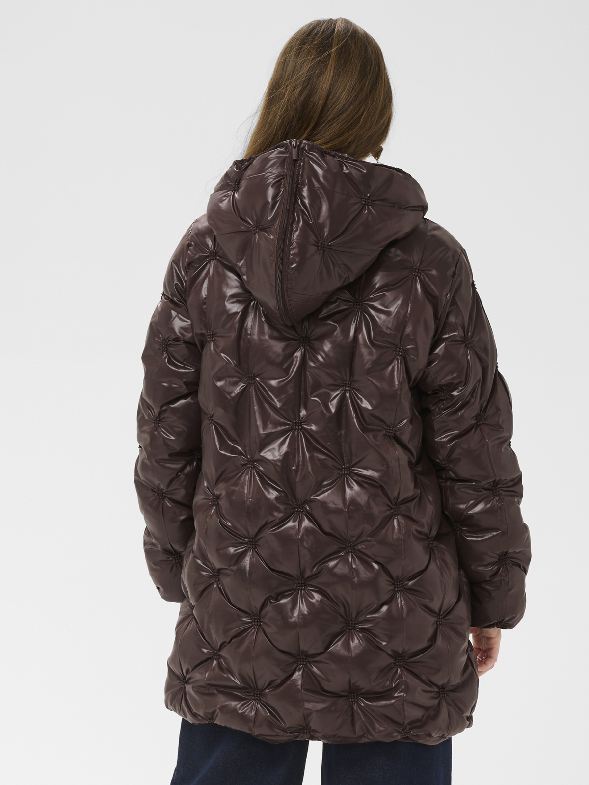 Cream Drakie Midi Jacket quilted padded mid thigh coat with hood