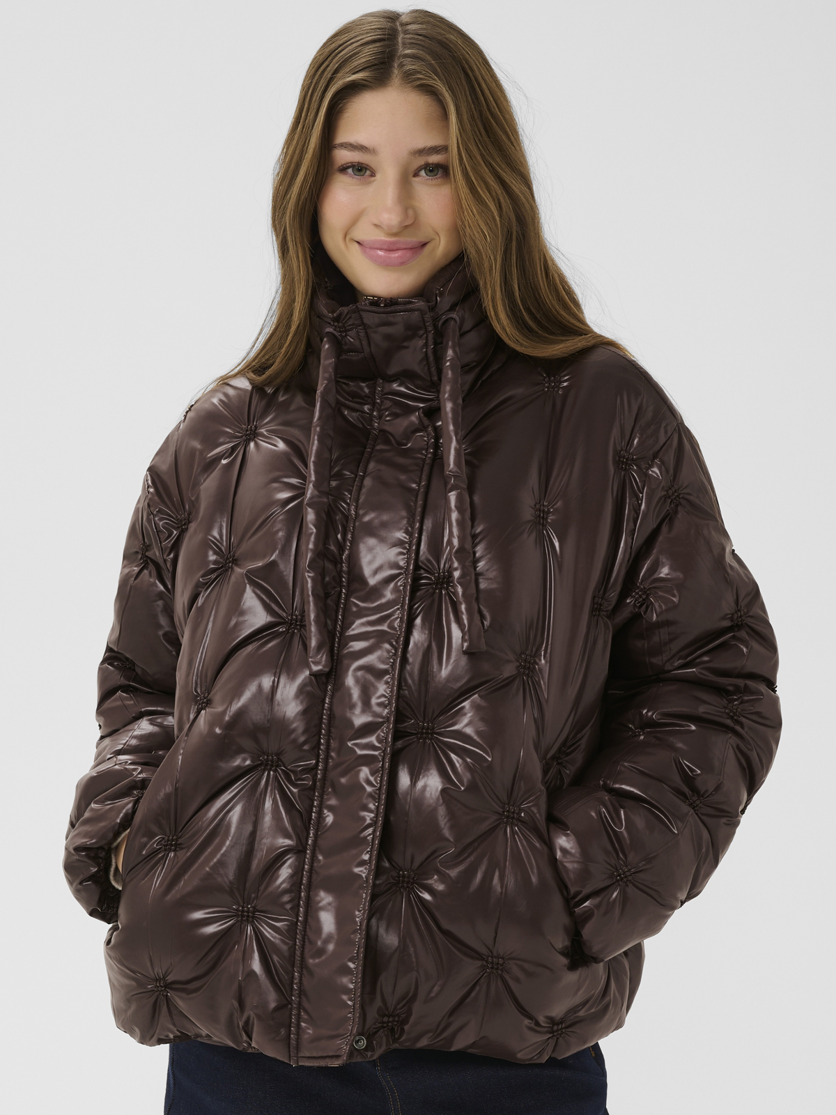 Cream Drakie Short Jacket loose fit quilted hip length padded jacket with drawstring neckline