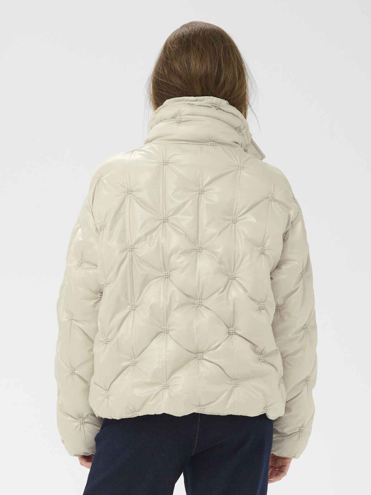 Cream Drakie Short Jacket loose fit quilted hip length padded jacket with drawstring neckline