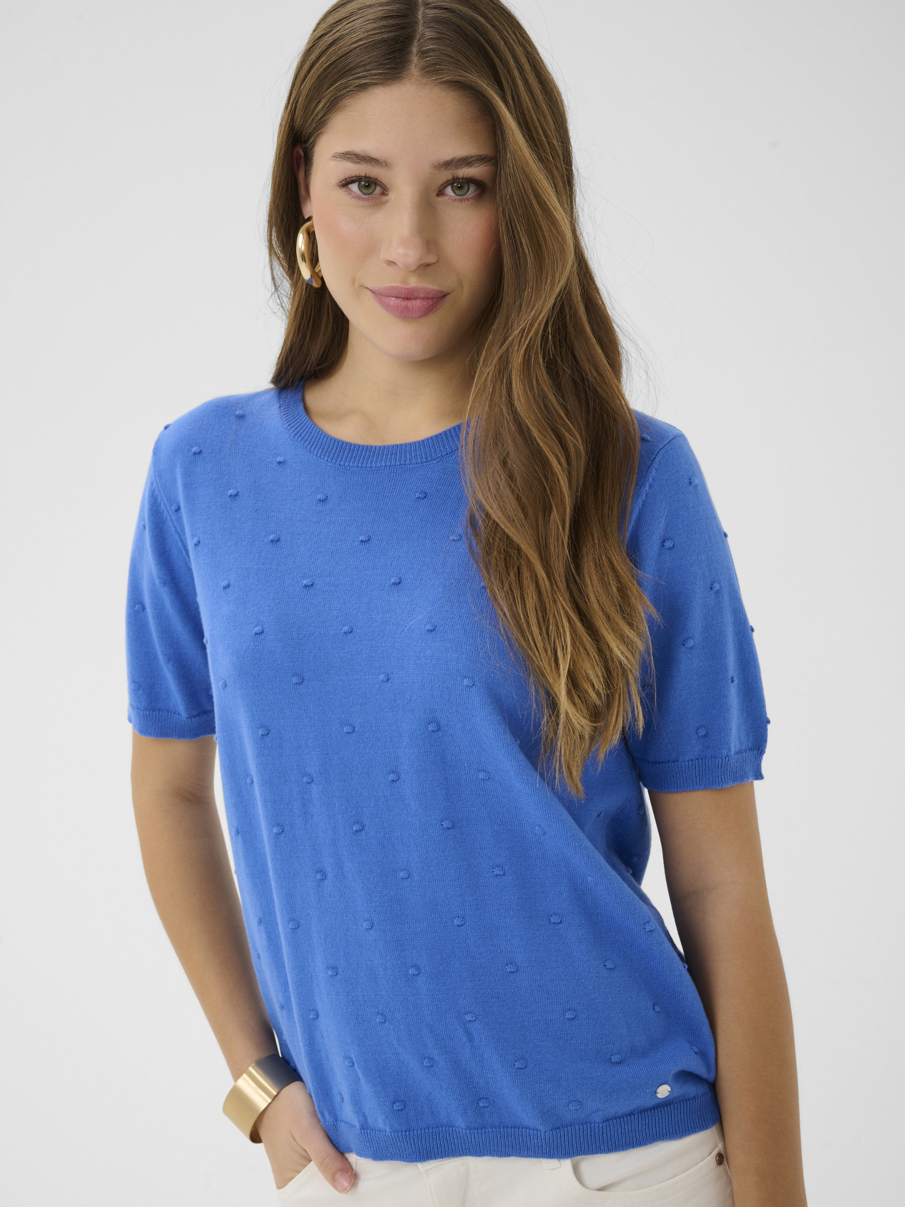 Cream Hanne Knit Pullover lightweight short sleeve textured knit with round neckline.