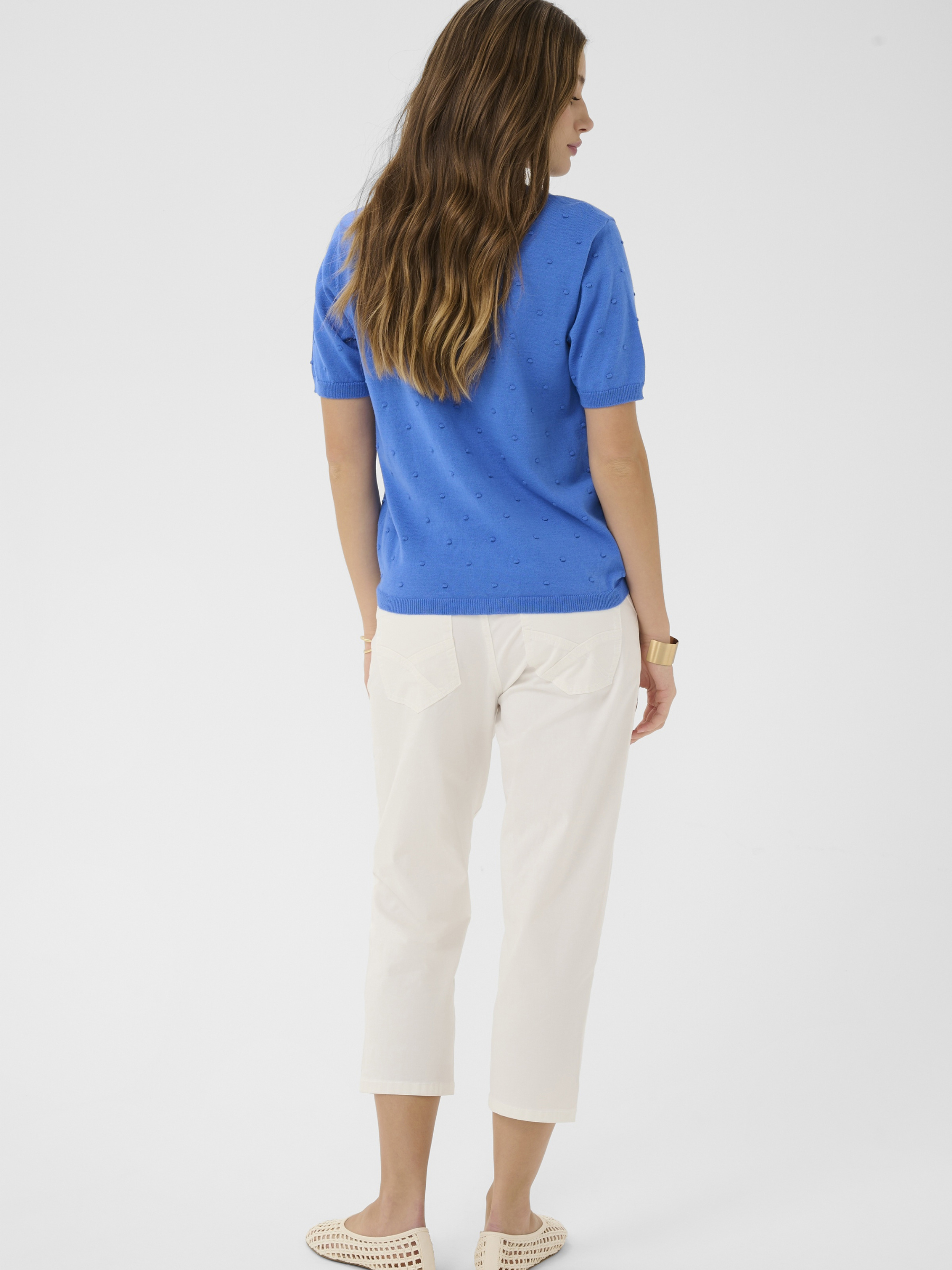 Cream Hanne Knit Pullover lightweight short sleeve textured knit with round neckline.