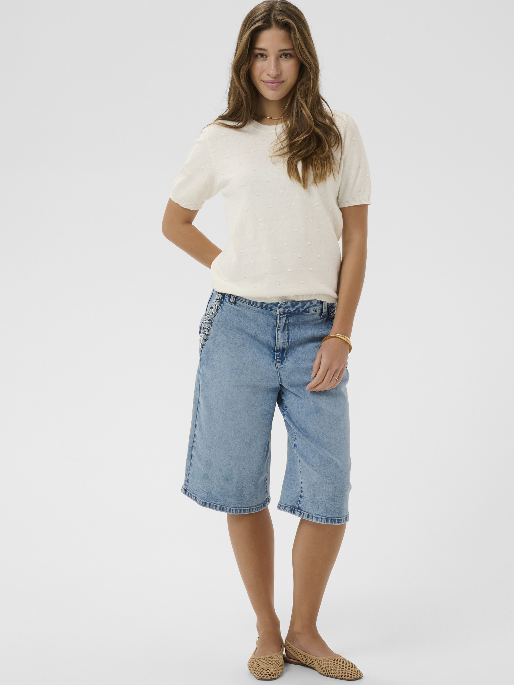 Cream Hanne Knit Pullover lightweight short sleeve textured knit with round neckline.