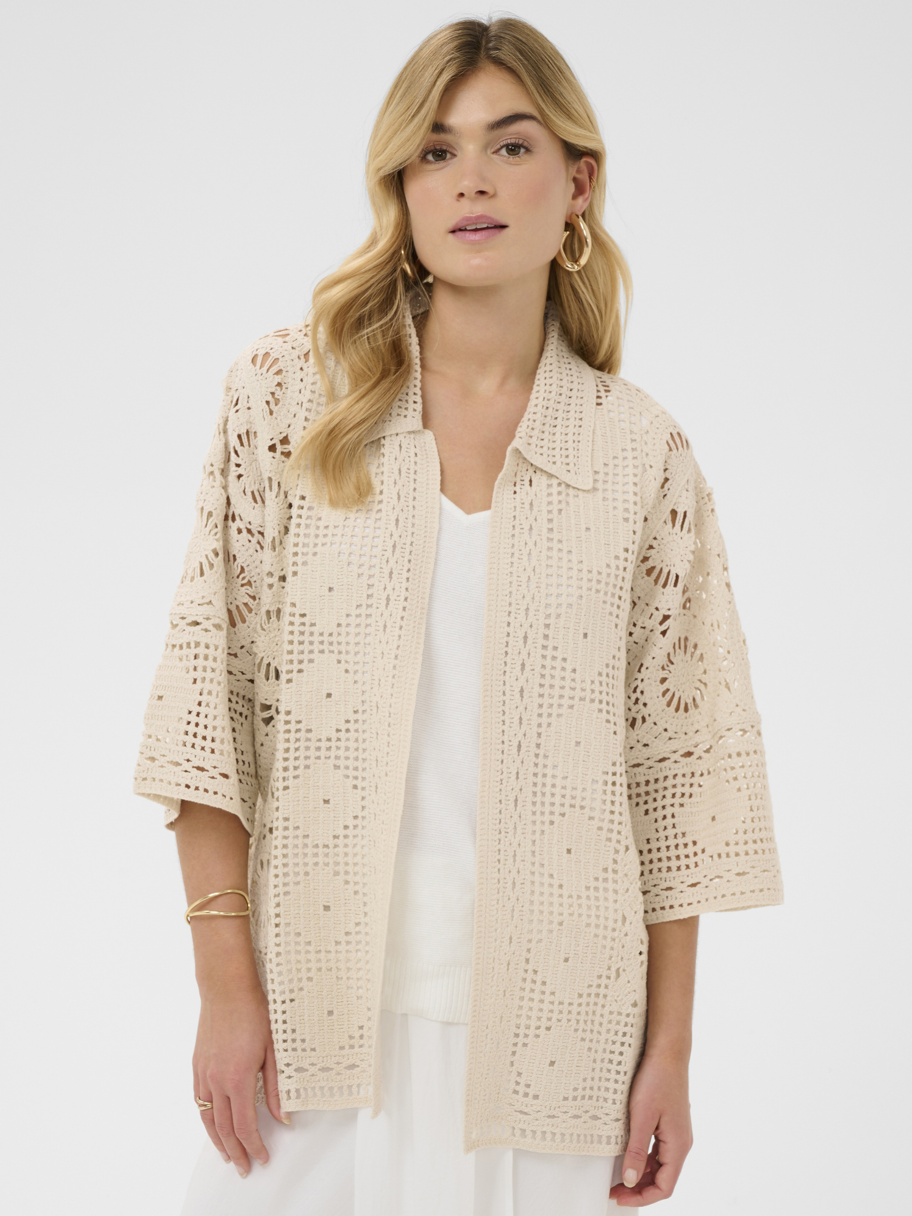 Cream Jauie Knit Shirt in open crochet knit with collar and relaxed fit.