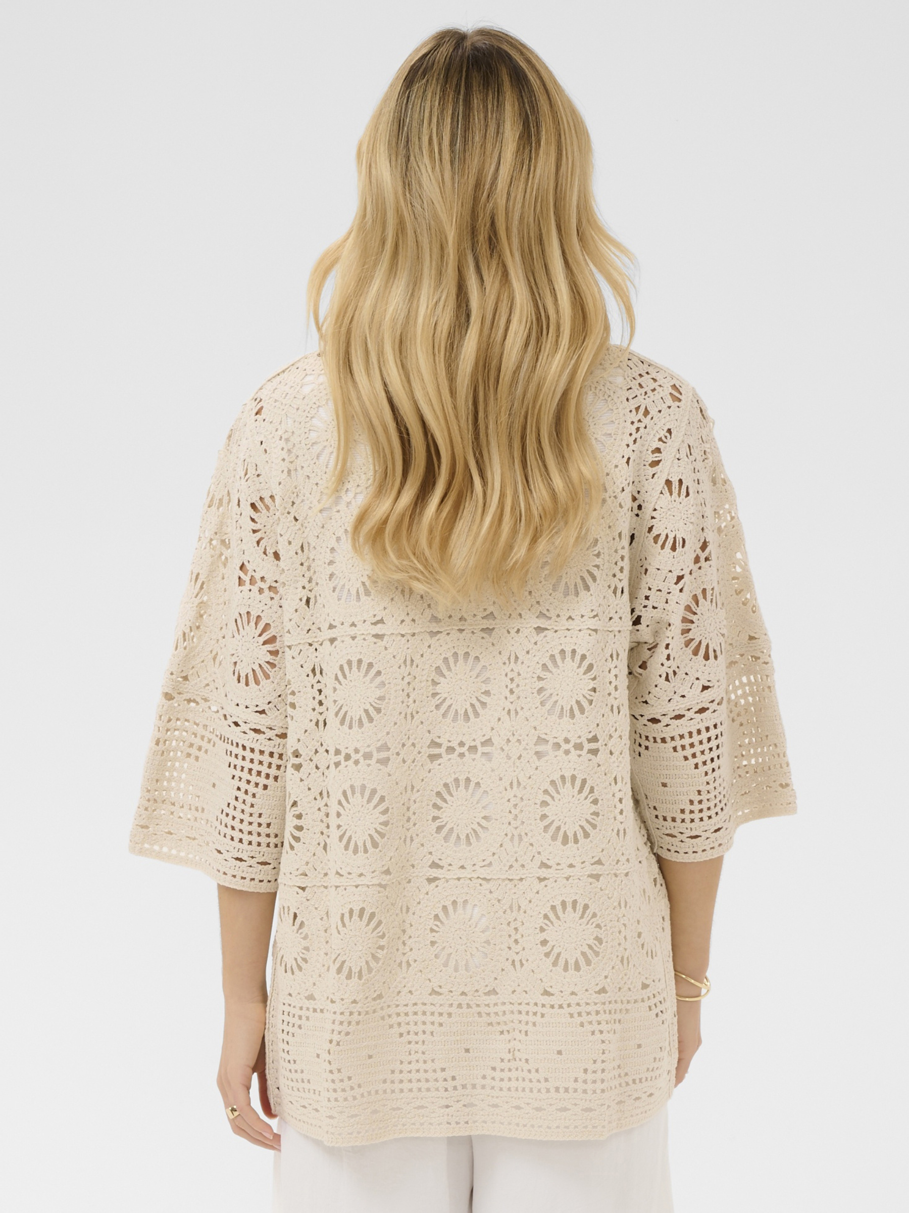 Cream Jauie Knit Shirt in open crochet knit with collar and relaxed fit.