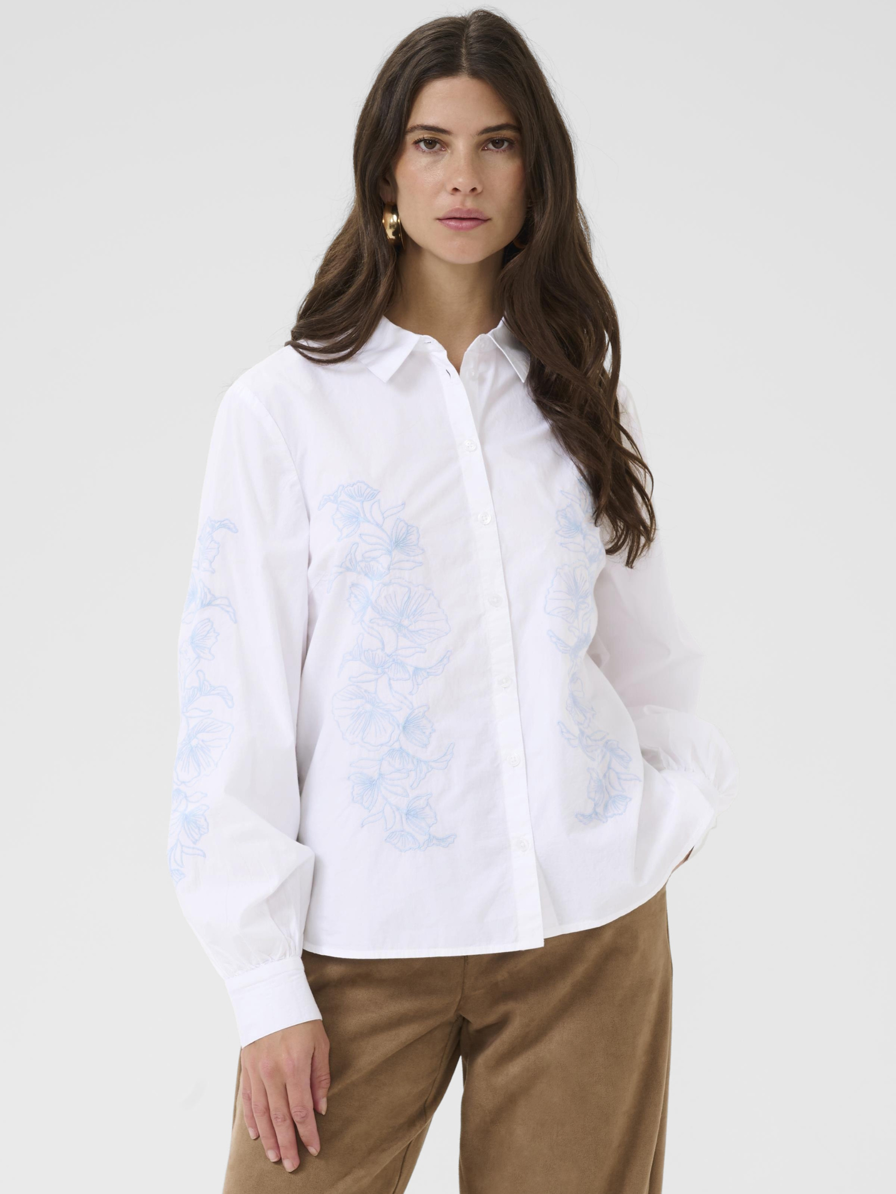 Cream Jolene Shirt women’s regular-fit cotton embroidered button-down shirt with hip-length design.