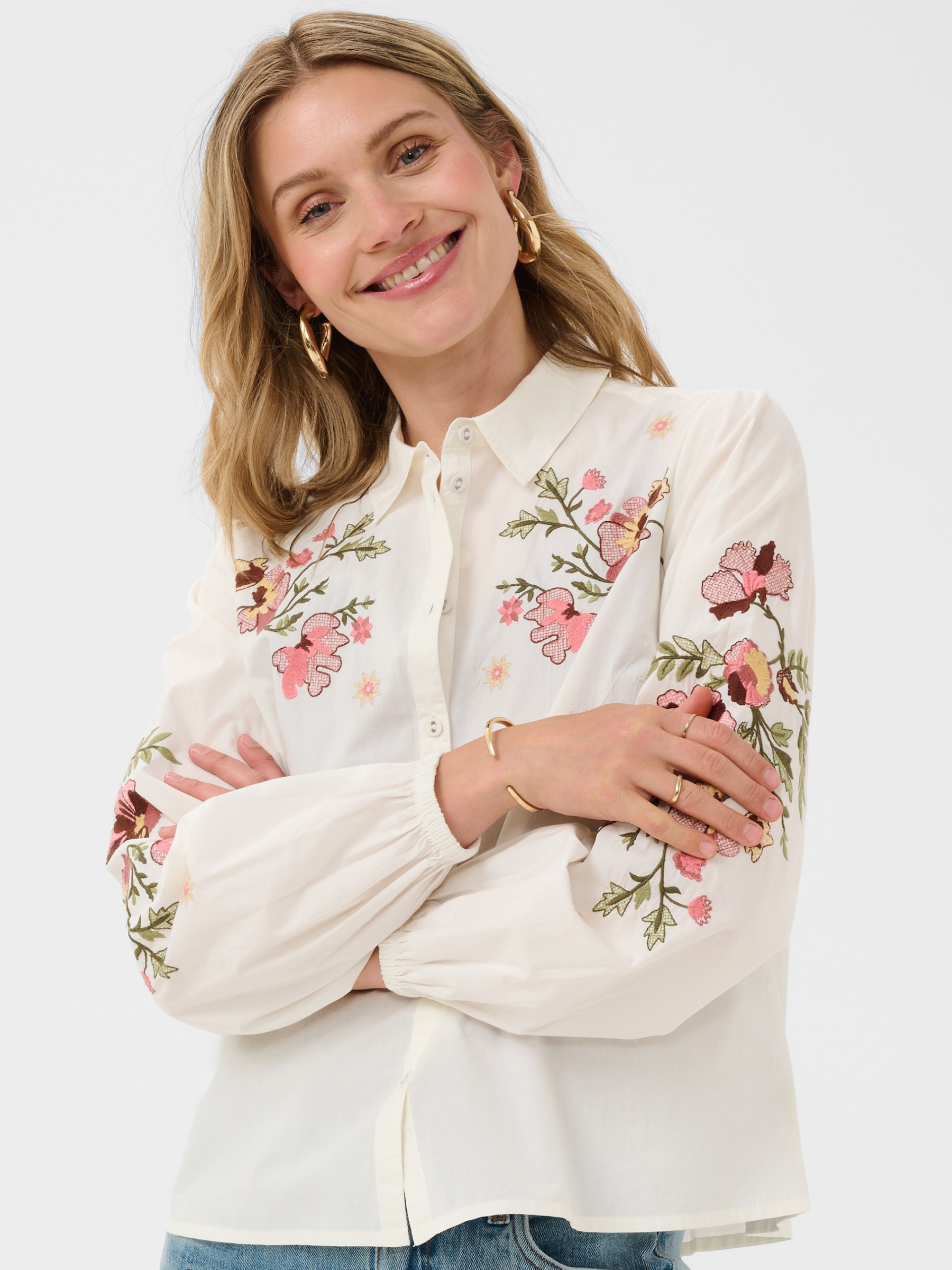 Cream Peona Shirt with collared neckline, floral embroidery, button front and long sleeves