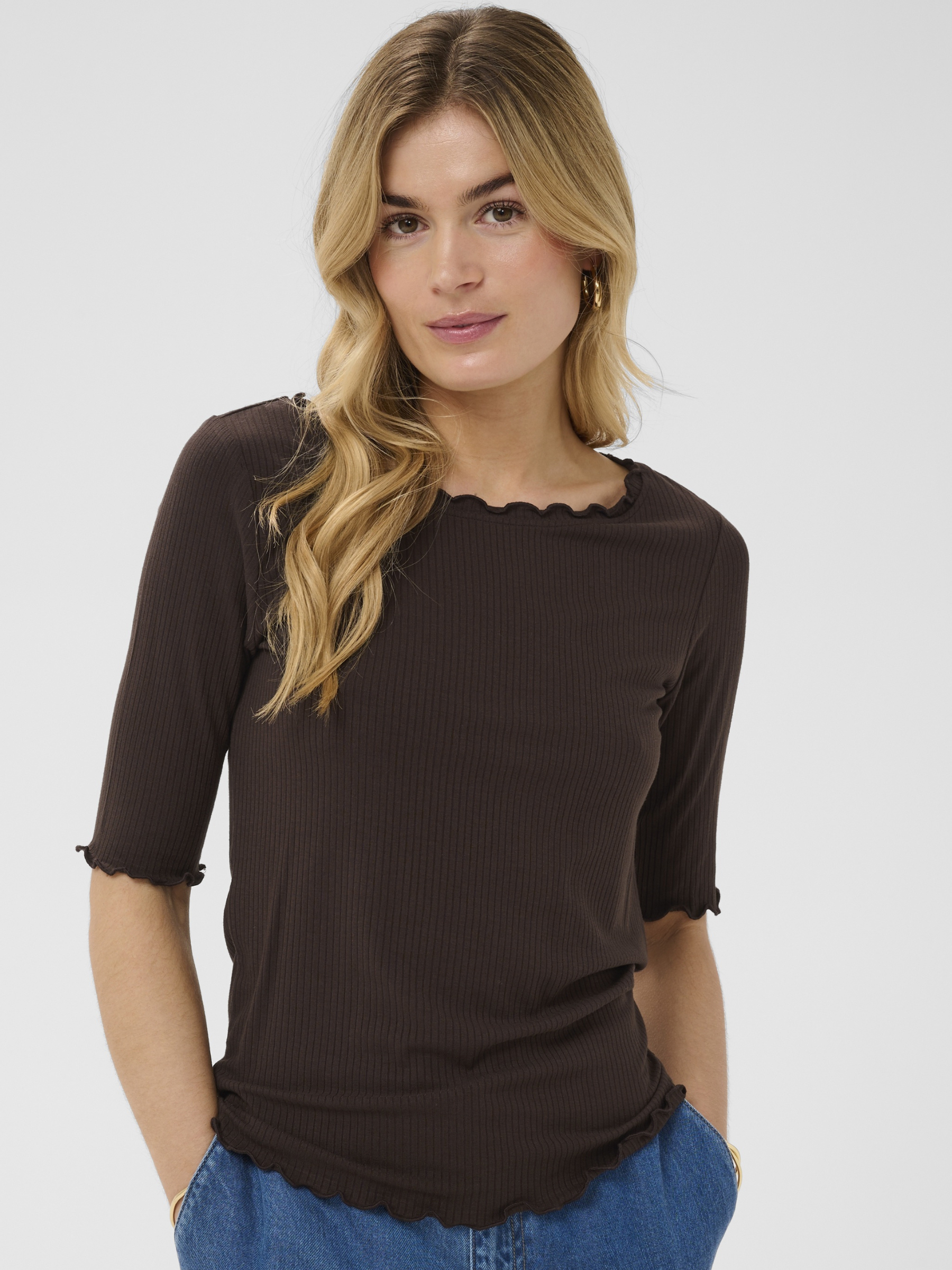 Cream Ribba S/S Blouse ribbed slim fit top with frill neckline and elbow-length sleeves.