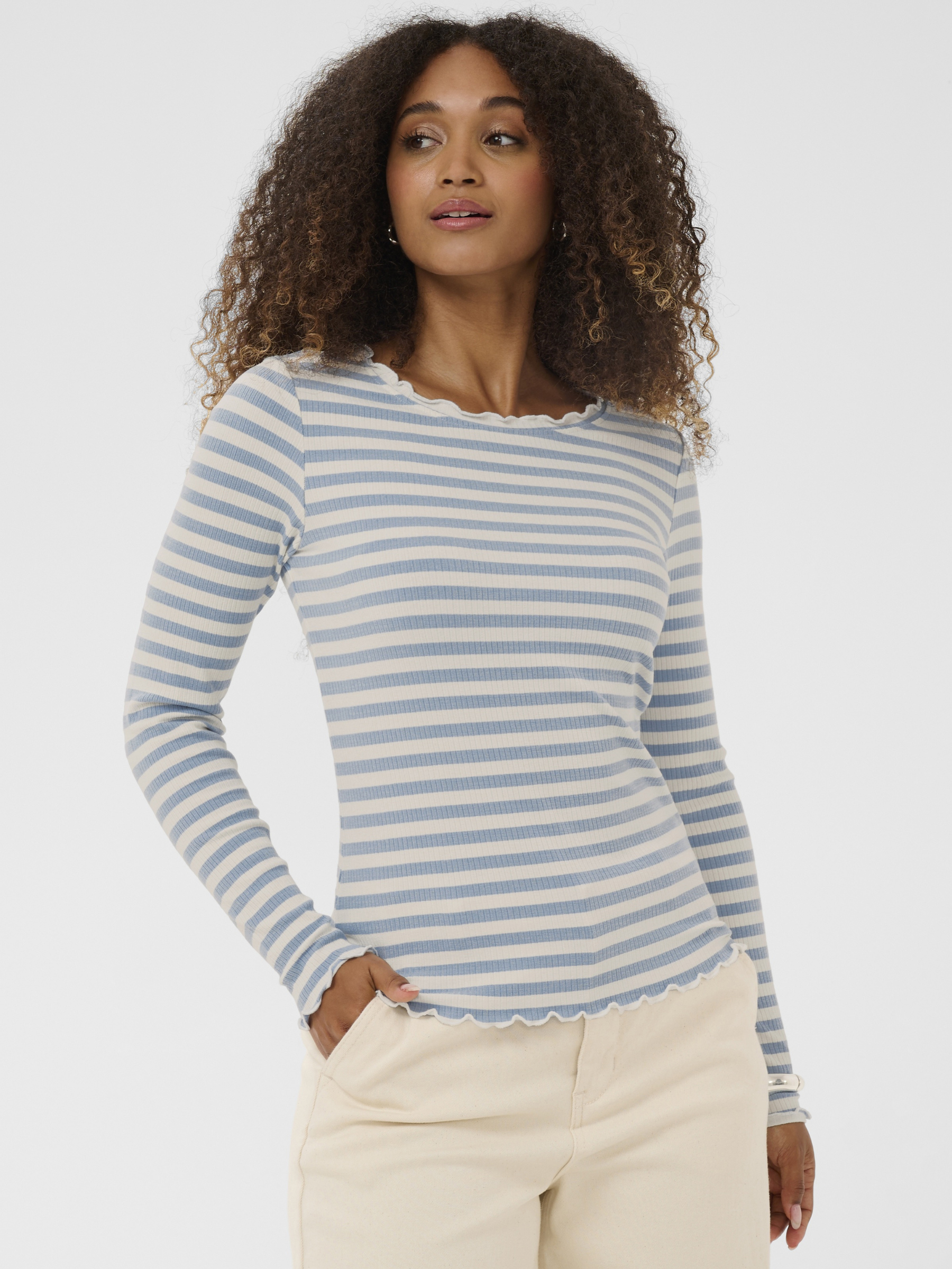 Cream Ribba Stripe Longsleeve women’s regular fit striped top with long sleeves and hip-length cut, styled casually.