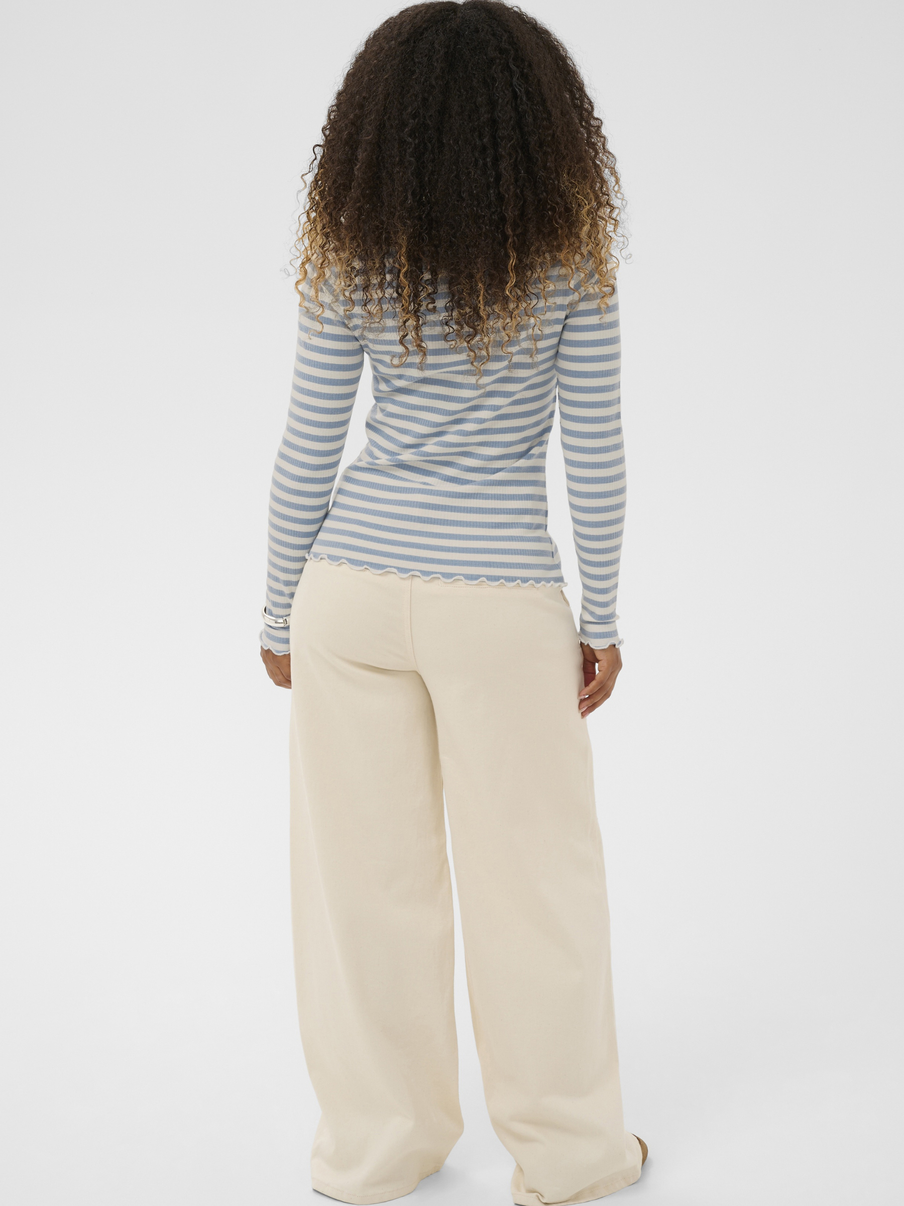 Cream Ribba Stripe Longsleeve women’s regular fit striped top with long sleeves and hip-length cut, styled casually.