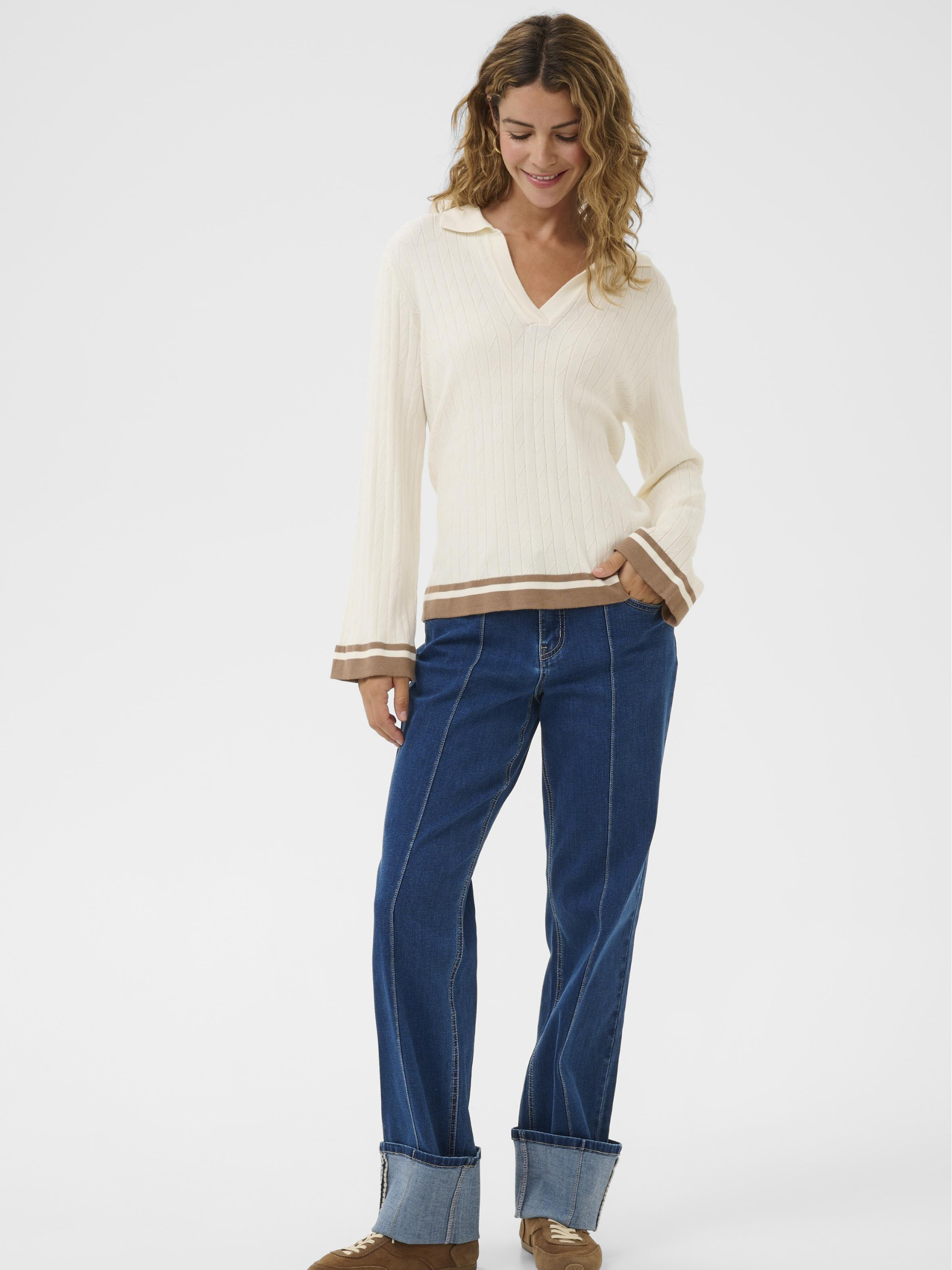 Cream Villea Polo women’s regular-fit knit polo top with long sleeves, hip-length design and sustainable viscose blend fabric.