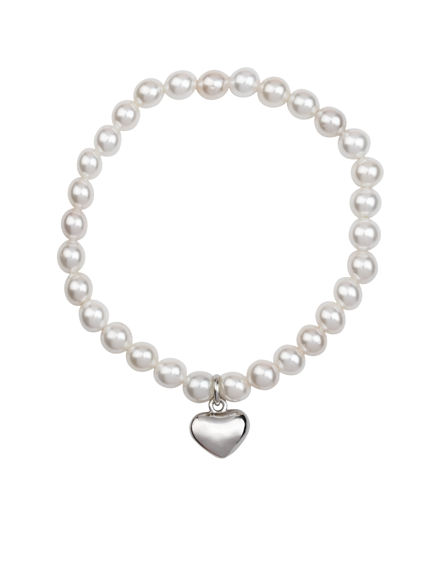 D&X DB2091A White Gold Heart Pendant Elasticated Pearl Bracelet – classic pearl stretch bracelet with white gold plated heart charm, celestial-inspired women’s jewellery.