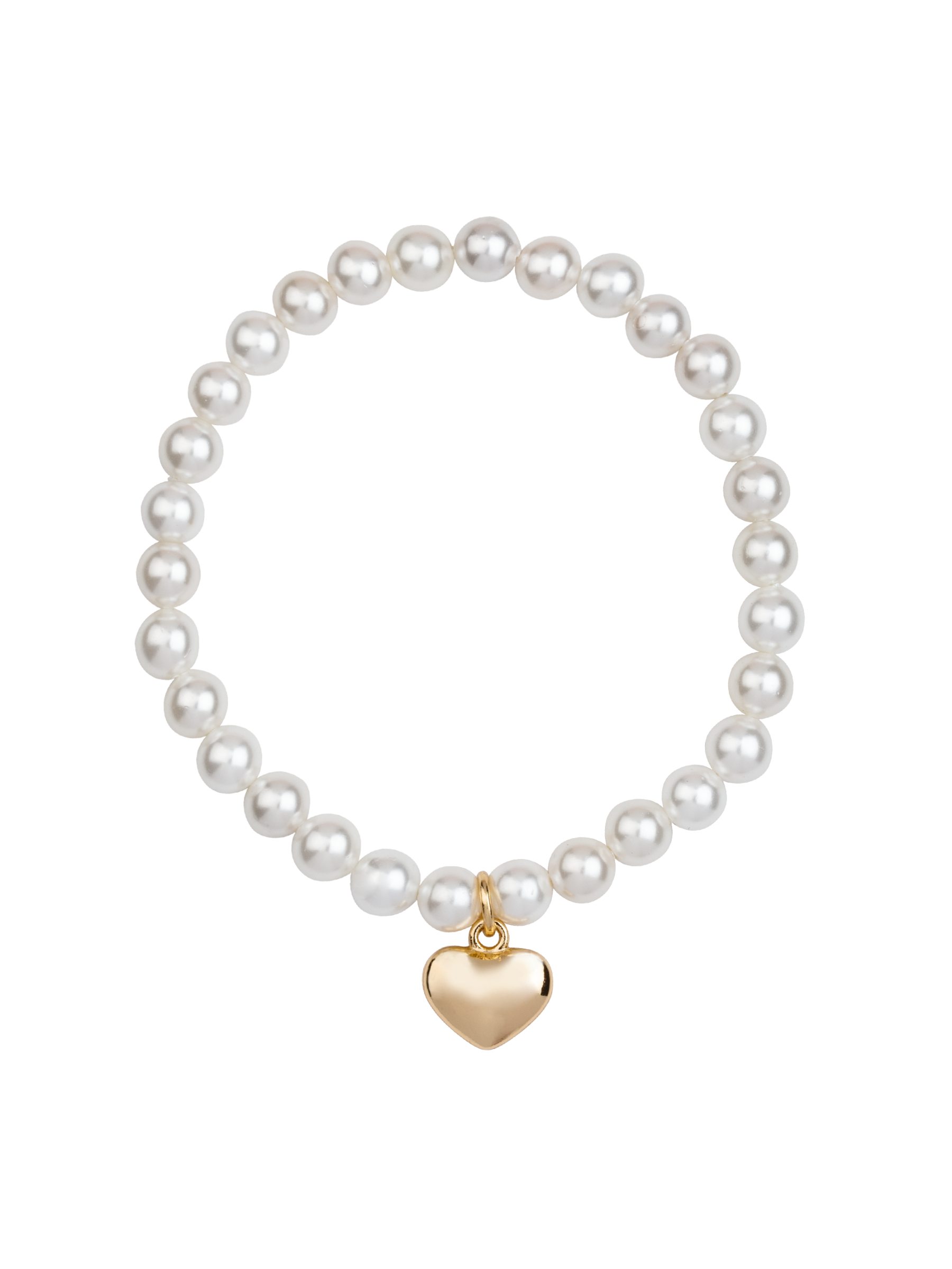 D&X DB2091K Pearl Bracelet with Gold Tone Polished Heart Pendant – elegant elasticated pearl bracelet with polished gold heart charm.