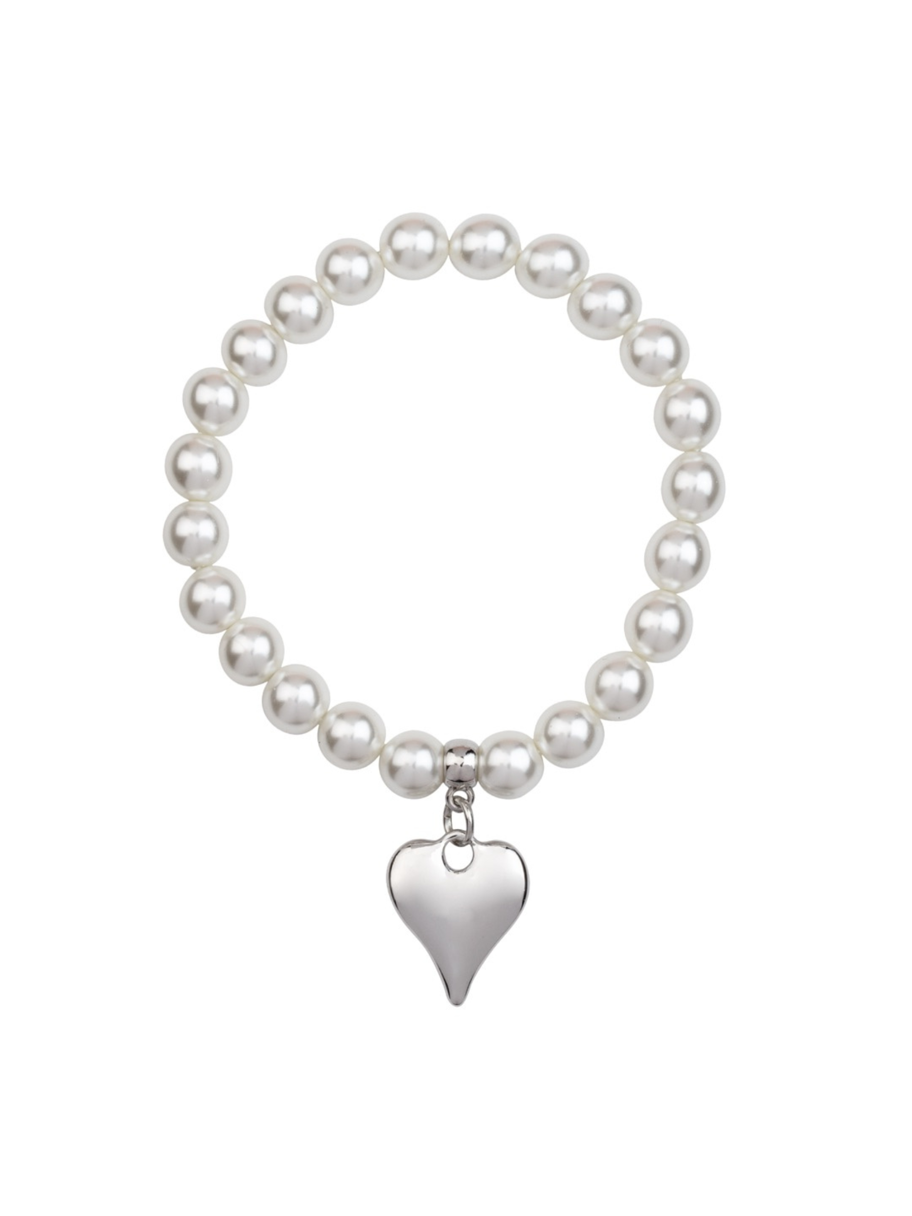 D&X DB2094A White Gold Heart Pendant Elasticated Pearl Bracelet – elegant stretch pearl bracelet with white gold plated heart charm, classic women’s jewellery.