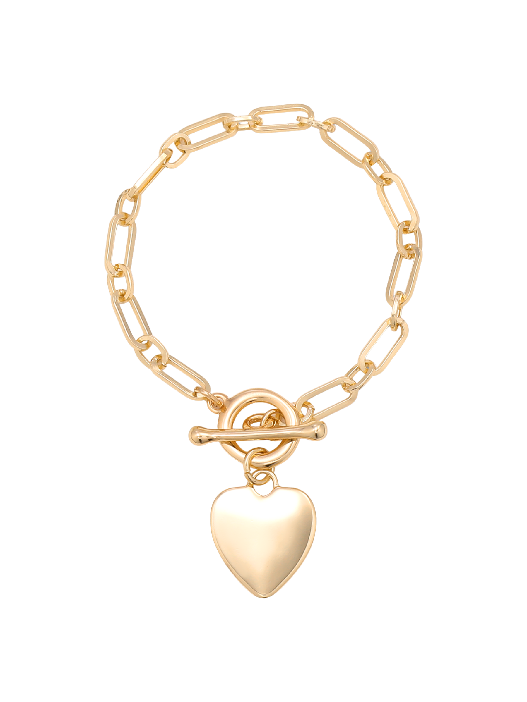 D&X DB2246K Gold Tone T-Bar and Heart Charm Bracelet with polished link chain and heart pendant