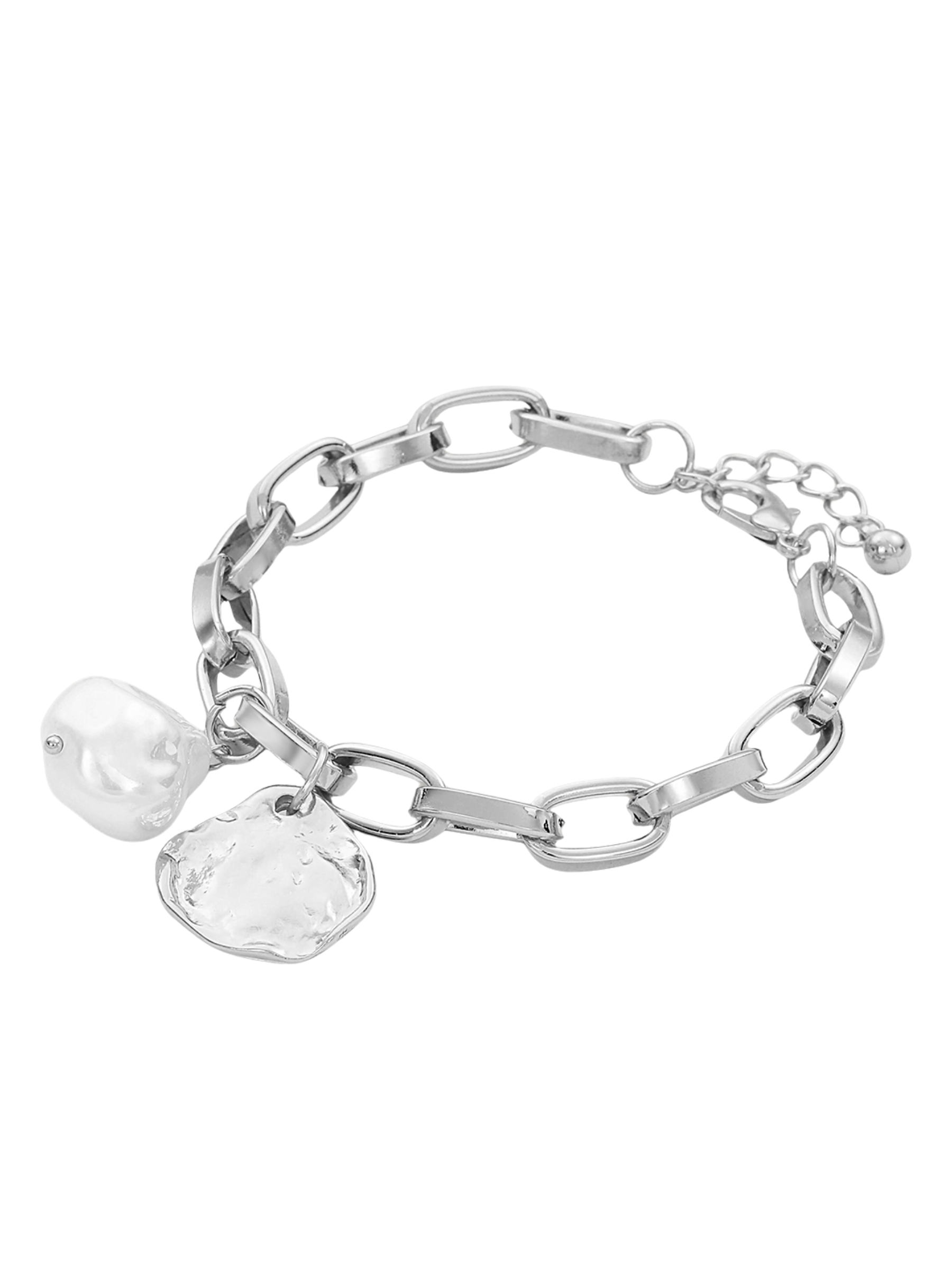 D&X DB2310S White Gold Tone Pearl and Disc Pendant Clasp Bracelet – elegant white gold plated chain bracelet with pearl and textured disc charm.