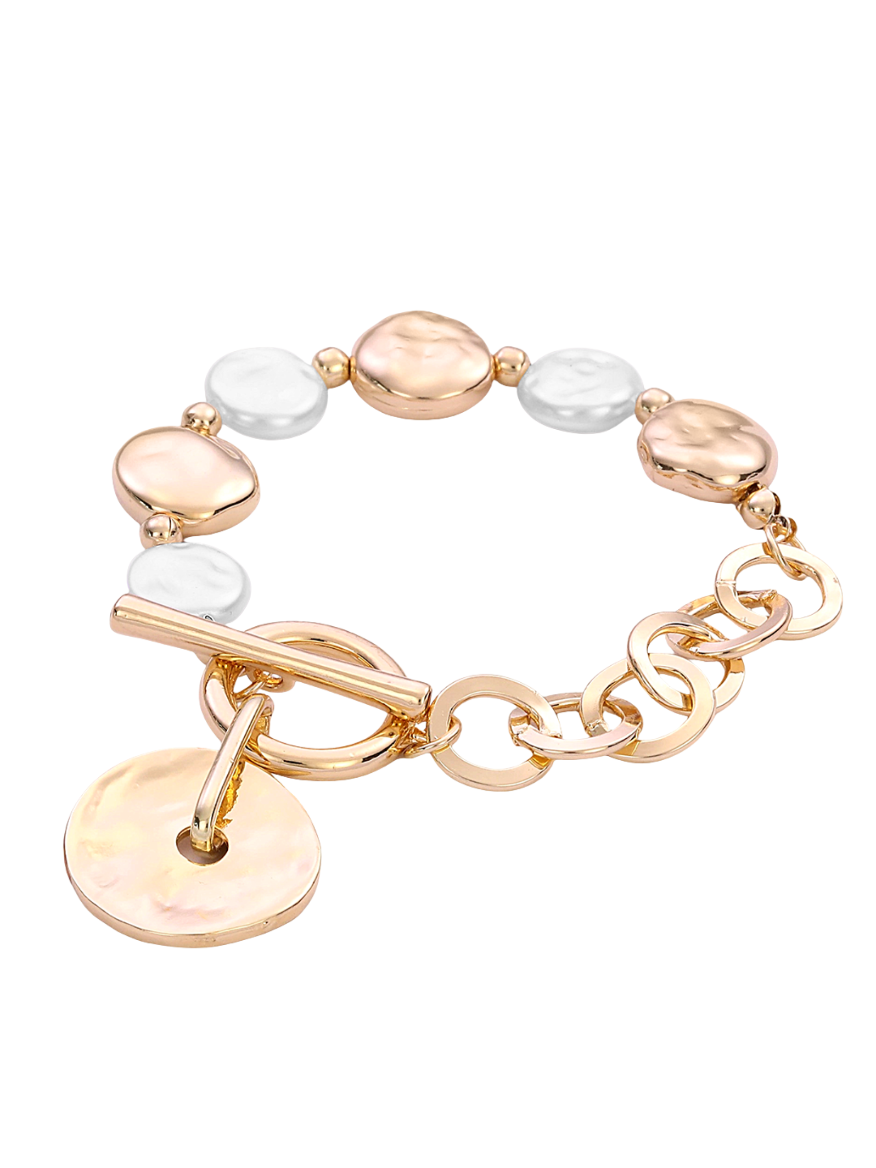 D&X DB2311K Gold Tone Pearl and Disc T-Bar Bracelet – gold-tone plated alloy bracelet with pearl beads, textured disc charm, and T-bar fastening, elegant fashion jewellery.