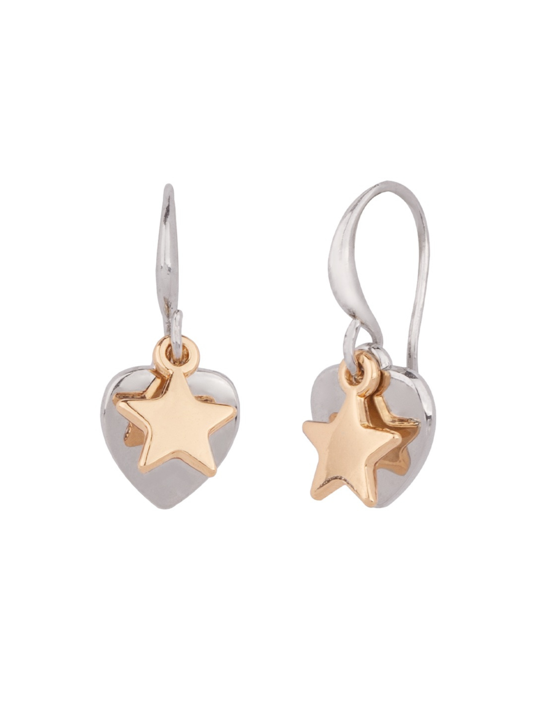 D&X DE0996R Earrings – stylish hook drop earrings with silver hearts and gold stars, perfect for modern and versatile jewellery styling.