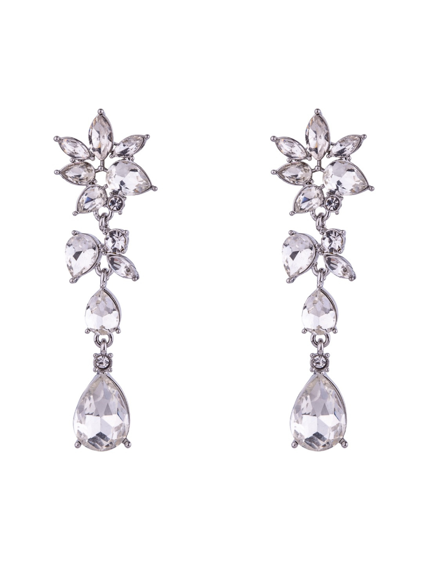D&X DE1046R White Gold Plated Flower & Teardrop Zirconia Earrings – elegant floral cubic zirconia dangle earrings with teardrop detail, timeless women’s jewellery for weddings, evening wear and special occasions.
