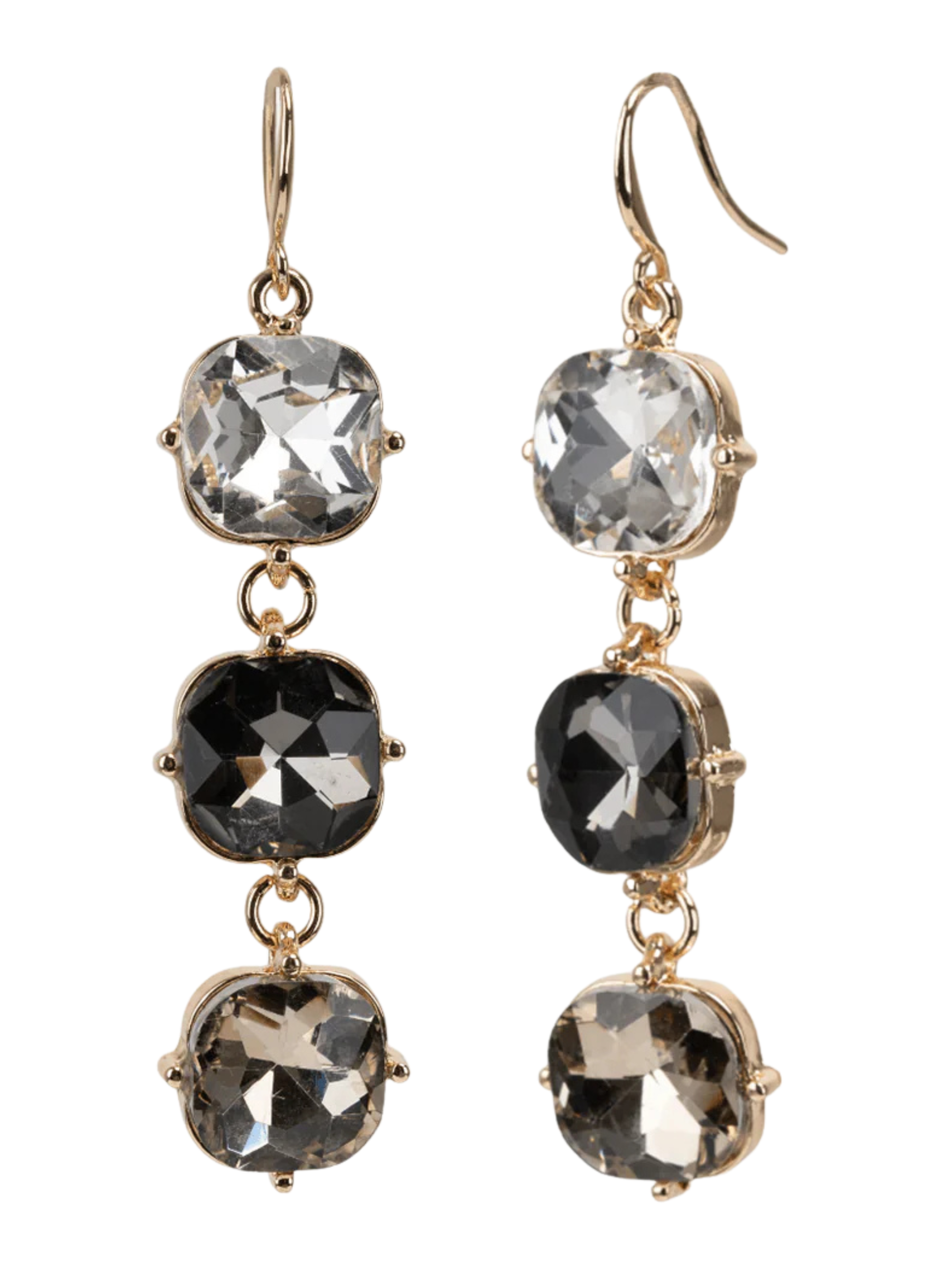 D&X DE1174M Gold Plated Geometric Cut Multi Colour Crystal Hook Earrings – statement jewellery with smokey brown faceted crystals, gold-tone hook earrings for evening and occasion wear.